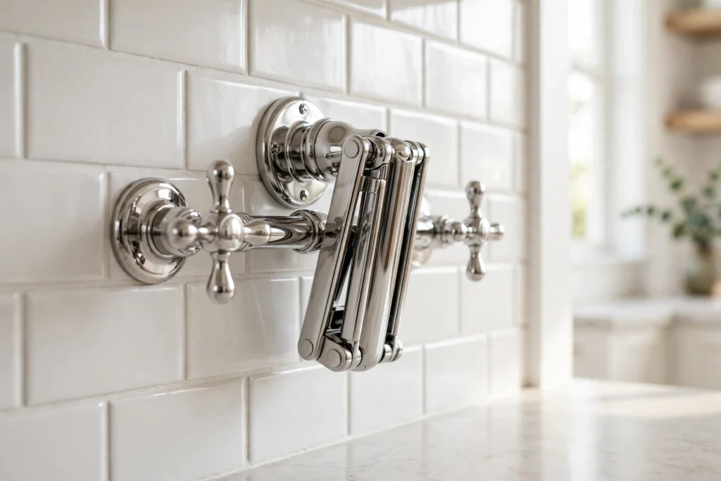 Polished chrome pot filler with cross handles folded against a white subway tile backsplash