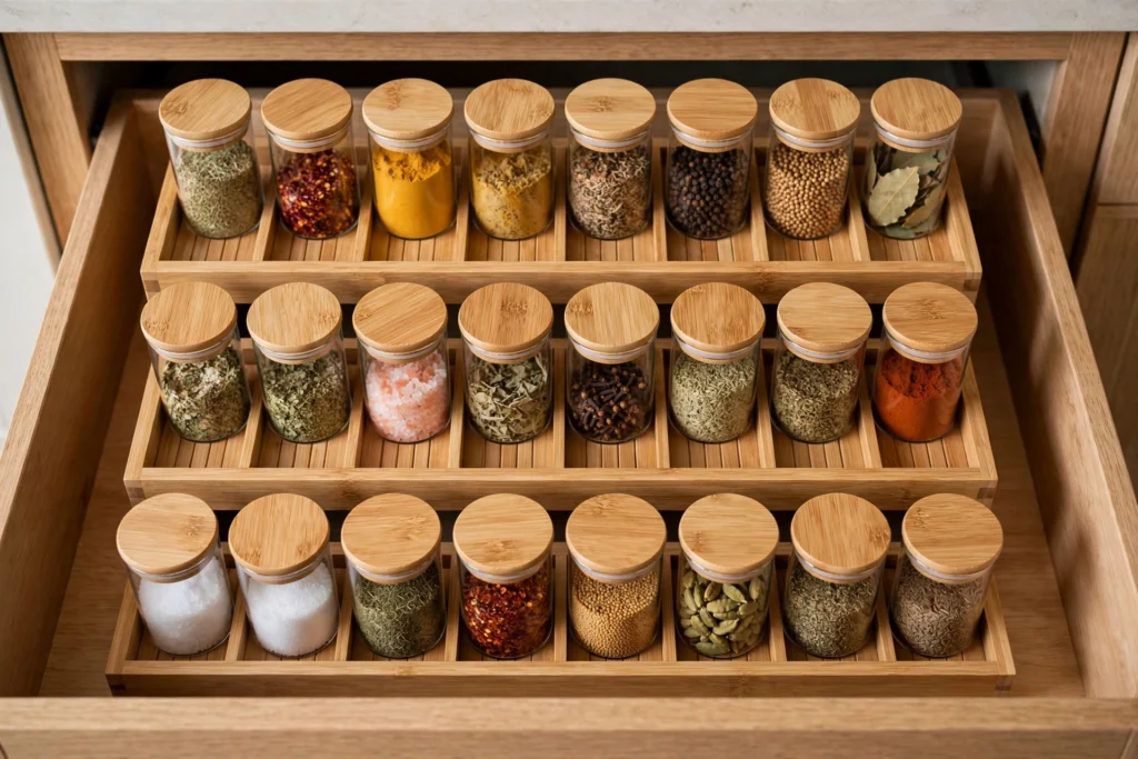 Tiered bamboo drawer insert holding spice jars with labels facing upward