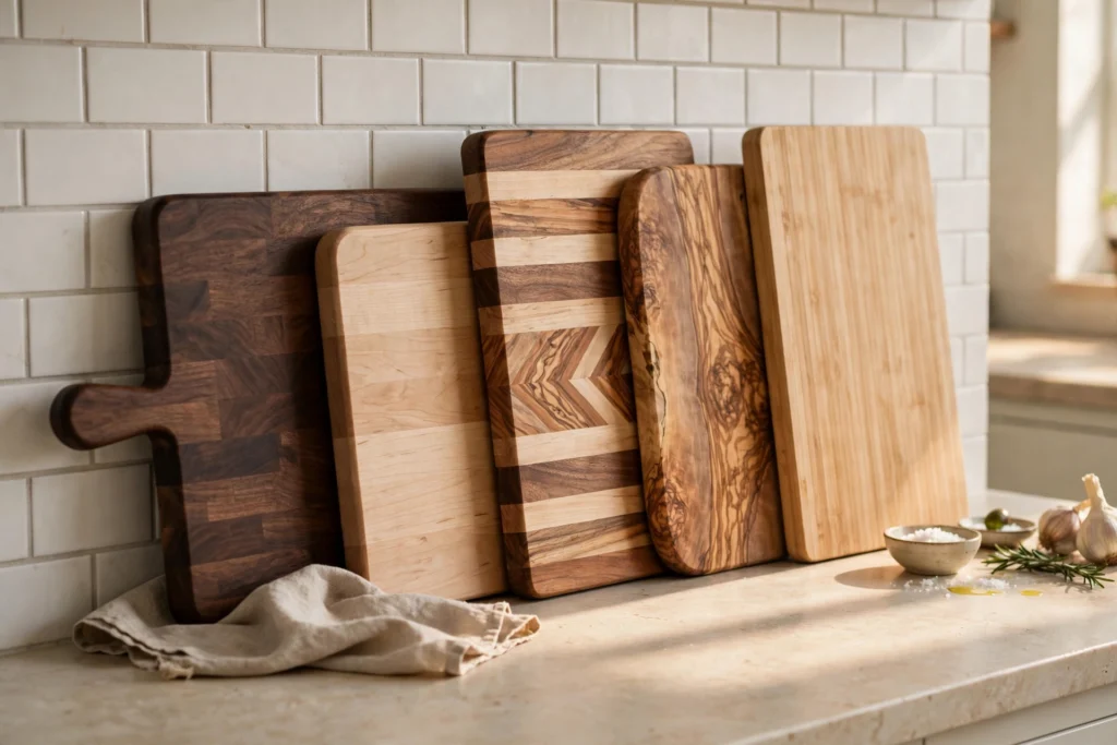 Row of mixed-wood cutting boards leaning against a white tile backsplash