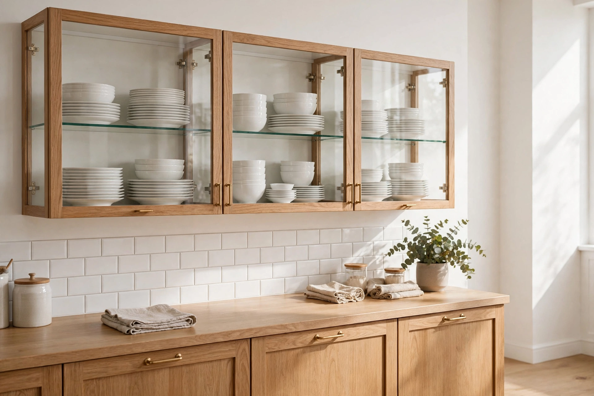 Clear glass upper cabinets showing neatly stacked white dishes in a bright kitchen
