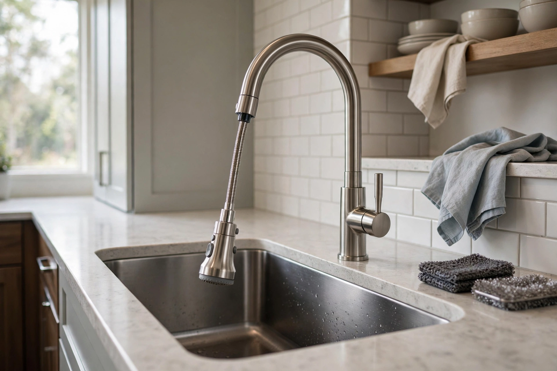 High-arc pull-down faucet with spray head extended over a deep kitchen sink