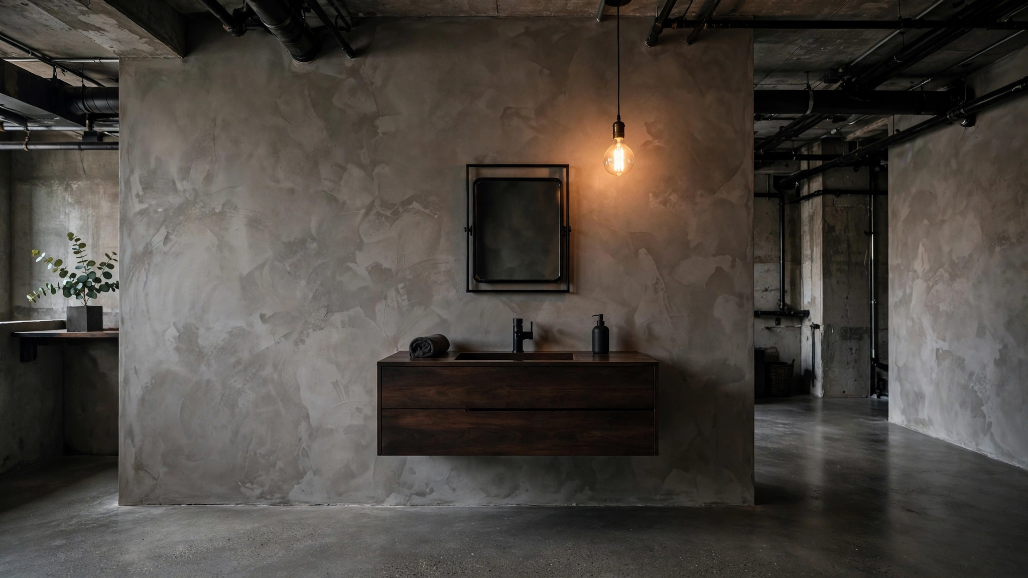 Industrial bathroom with hand-troweled concrete microcement walls and floating dark wood vanity