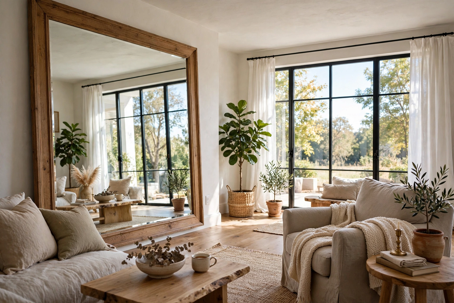 Round fabric poufs clustered around low coffee table on area rug