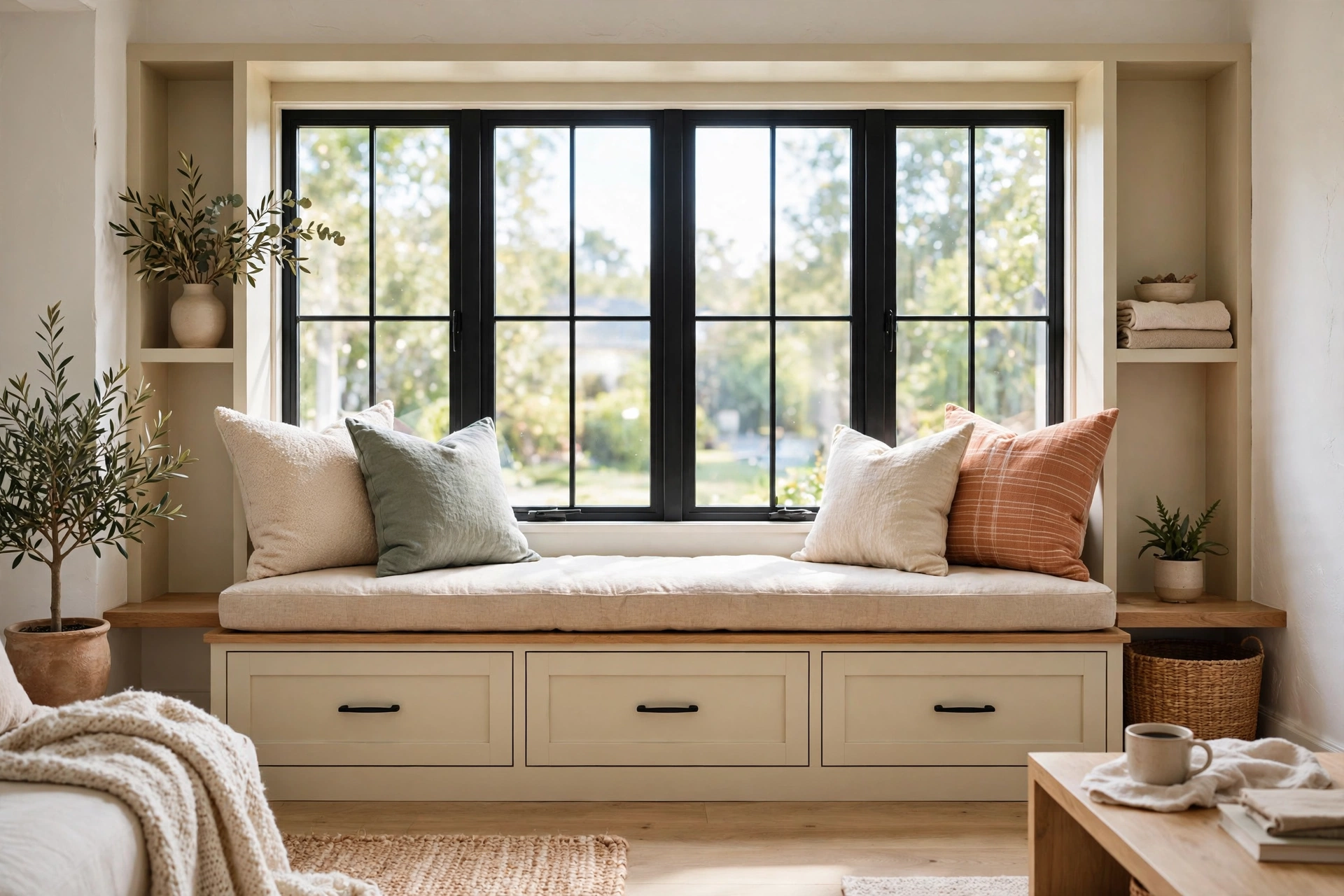 Window bench with storage drawers topped with cushion and pillows