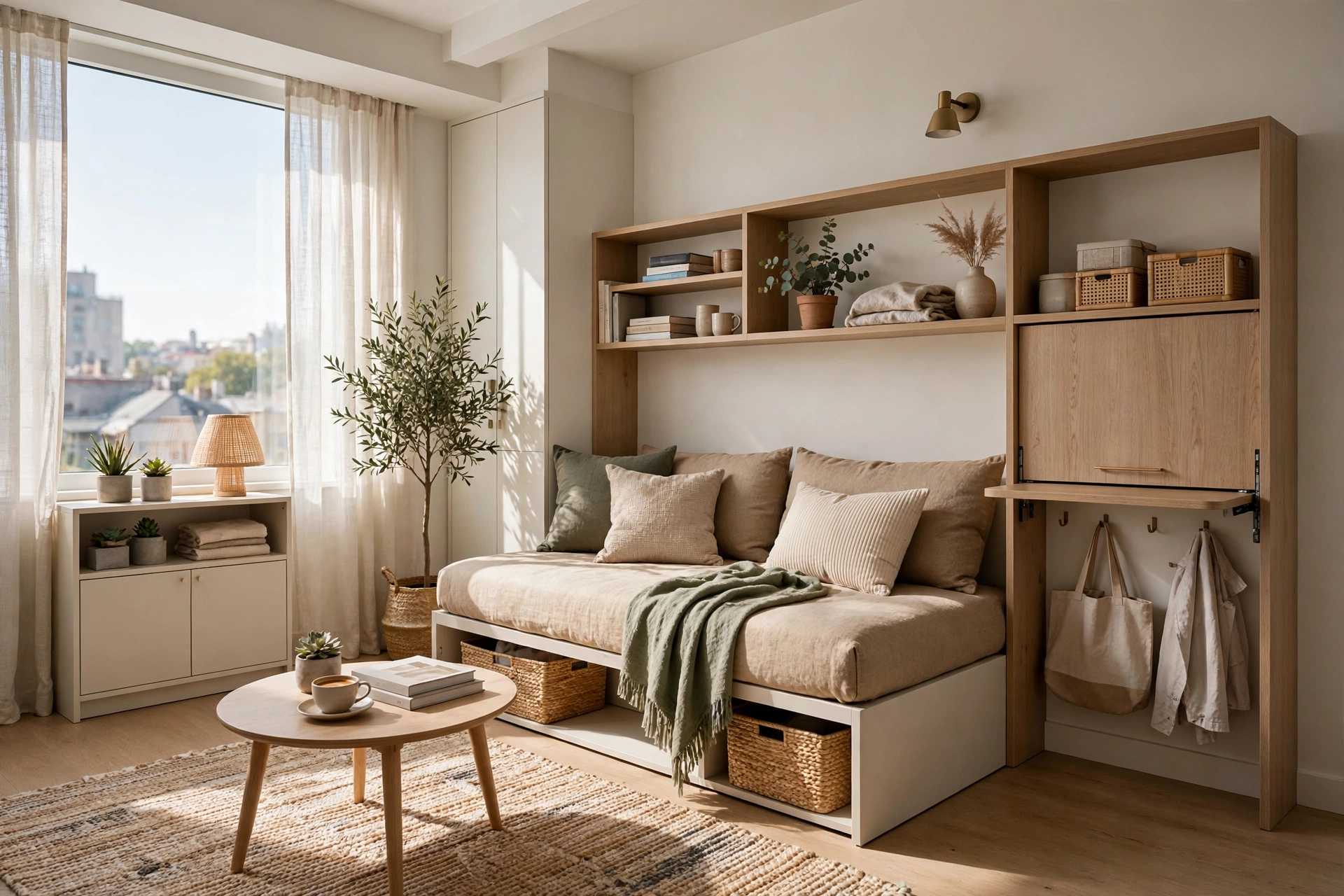 Studio apartment with daybed against wall styled as lounge sofa