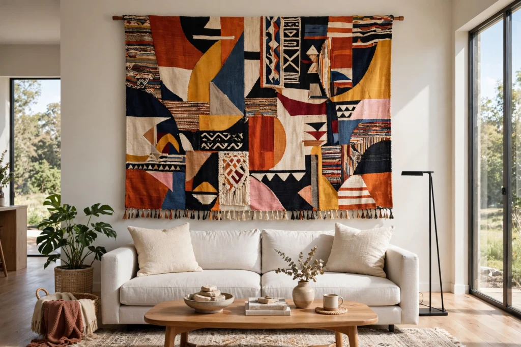 Oversized statement tapestry centered above modern living room sofa