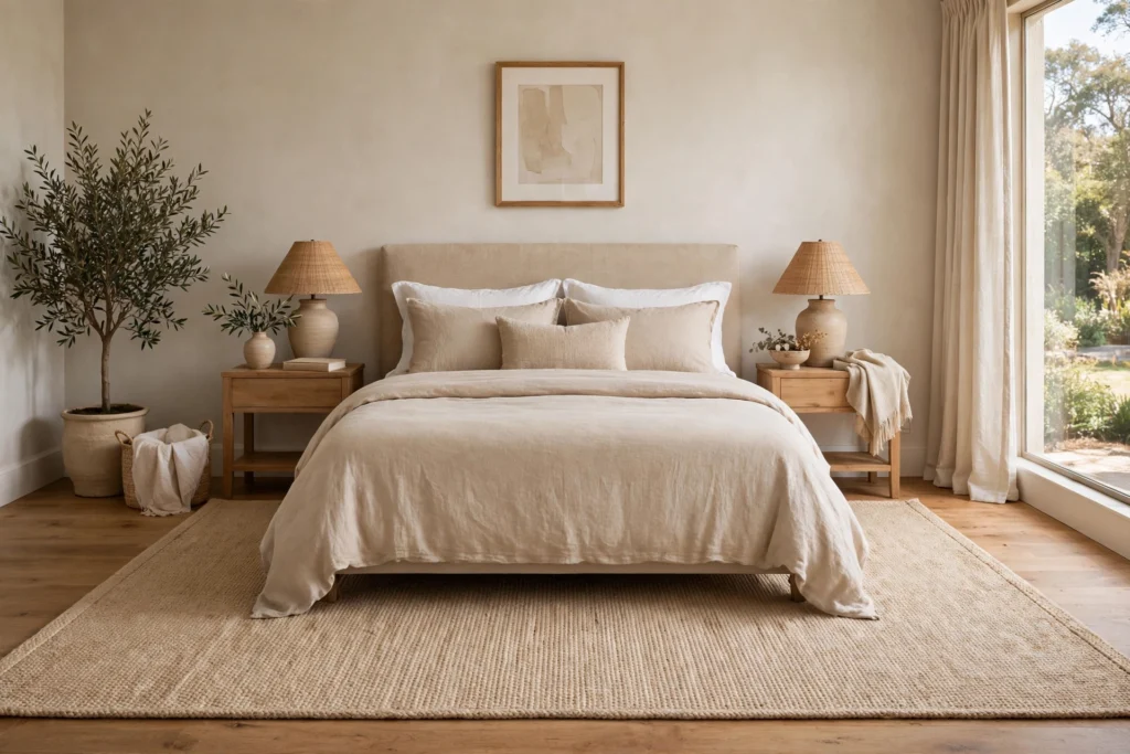 Queen bed centered on a properly sized 8x10 beige bedroom rug