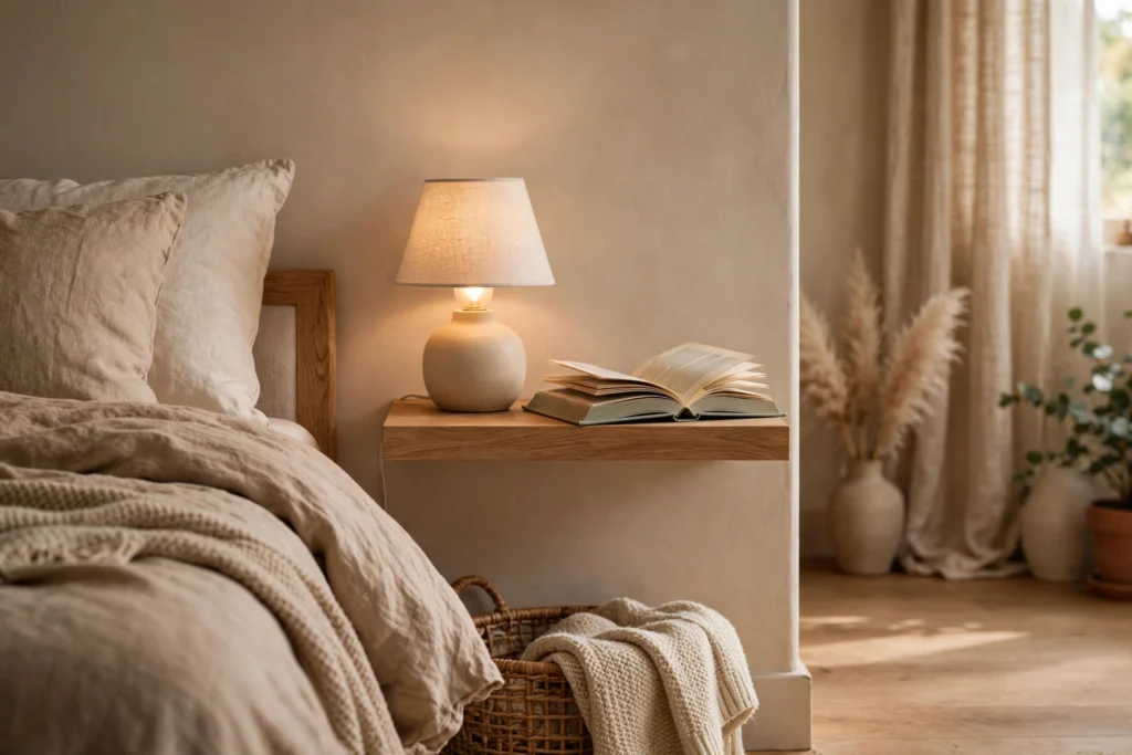Floating shelf nightstand holding a lamp and book beside a bed