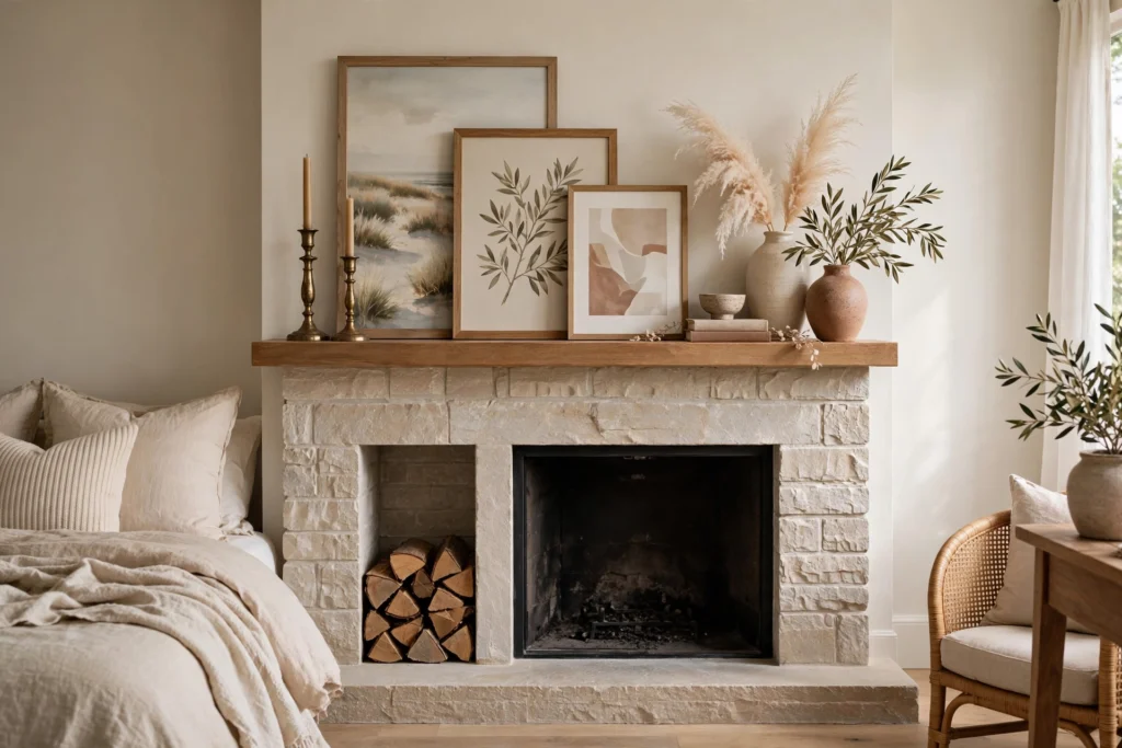 Layered mantel decor with art, candlesticks, and vases above a fireplace