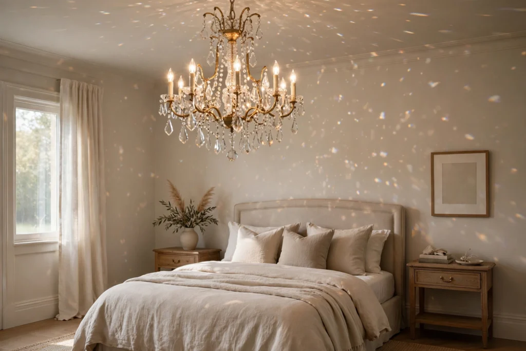Traditional crystal chandelier scattering light in a calm neutral bedroom