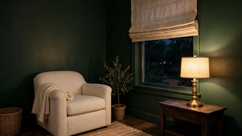 Living room with deep forest green walls, cream boucle armchair and warm lamplight