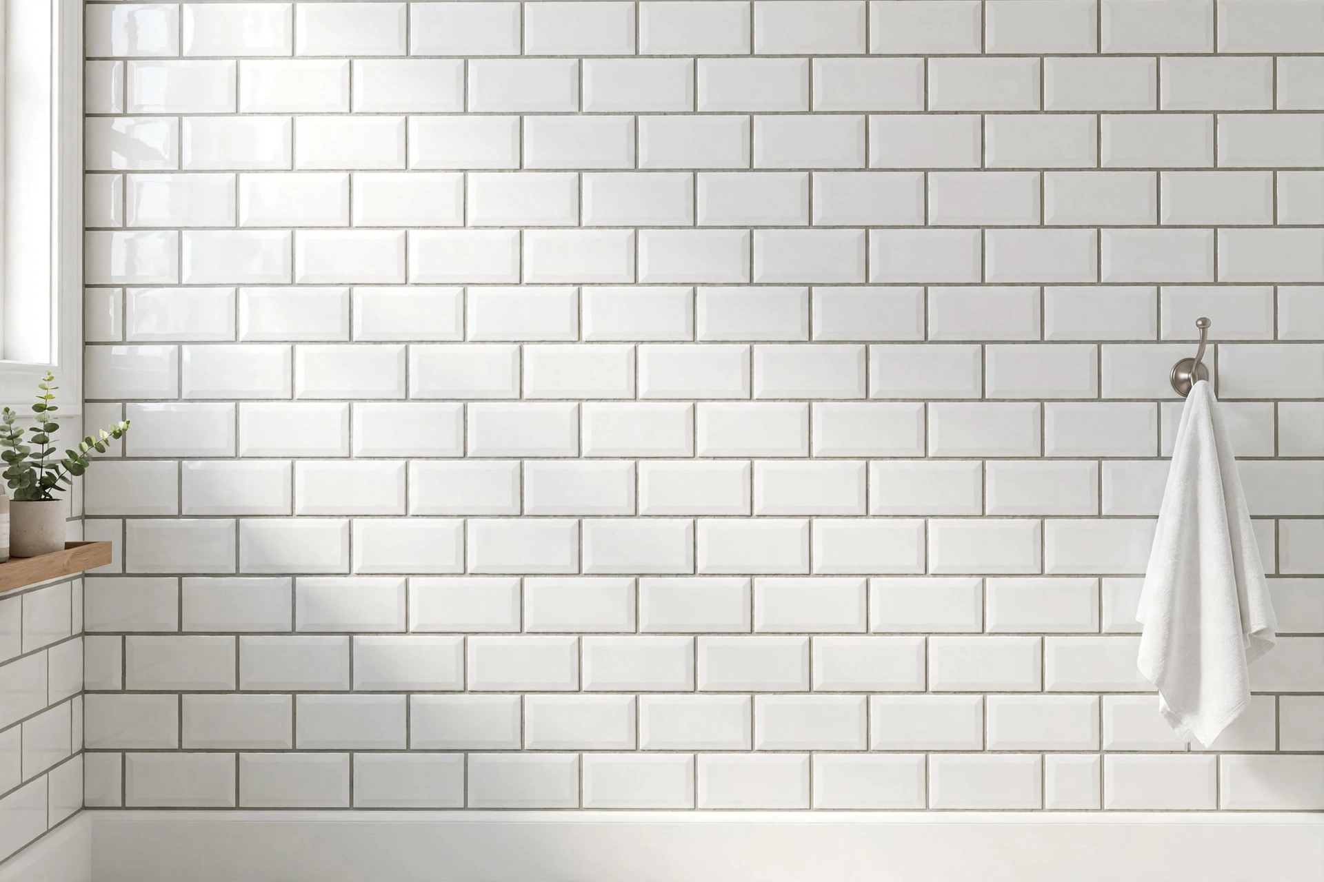 White subway tile bathroom wall with classic light gray grout lines
