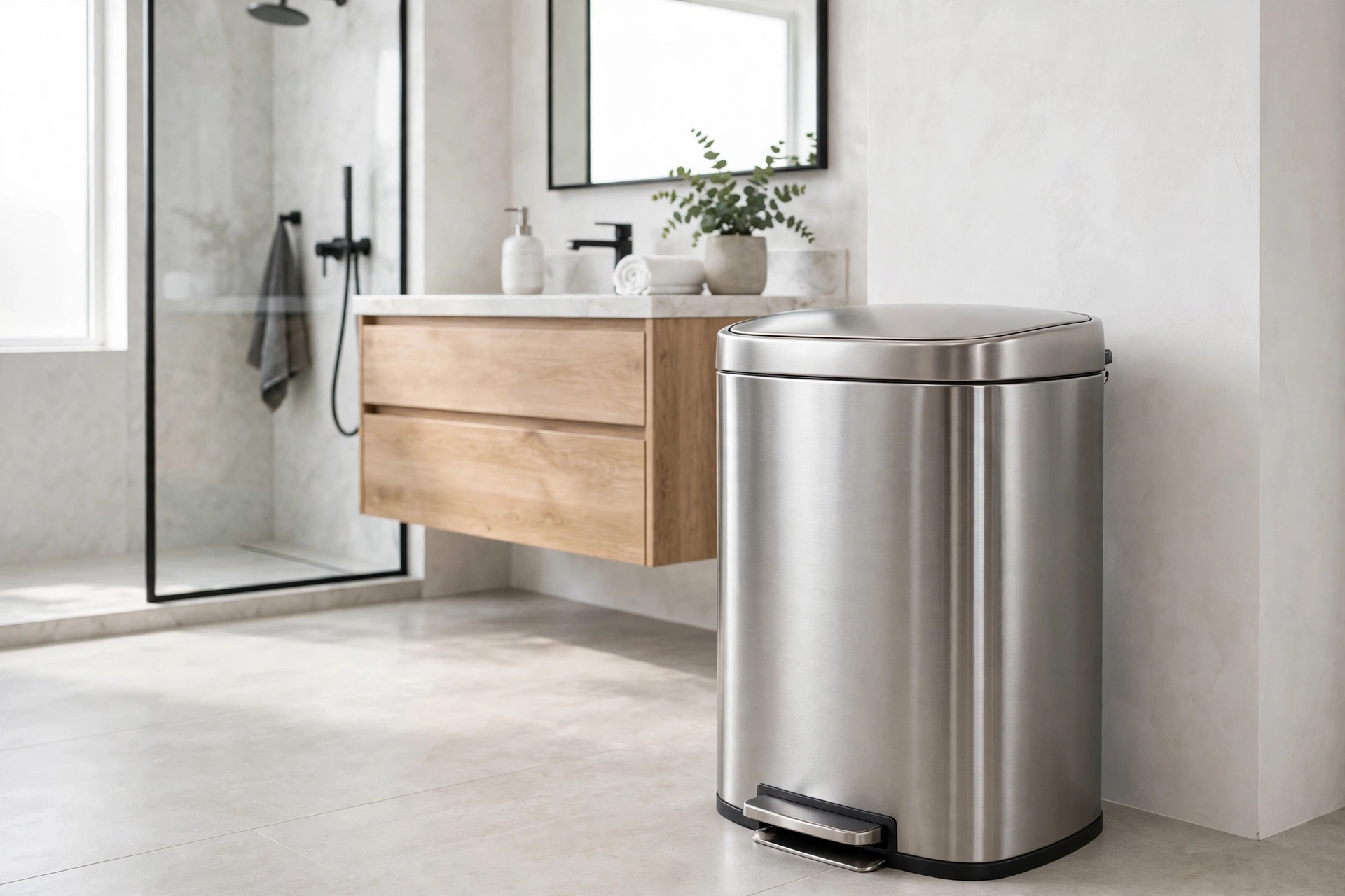 Brushed stainless steel step trash can with soft-close lid in a modern bathroom