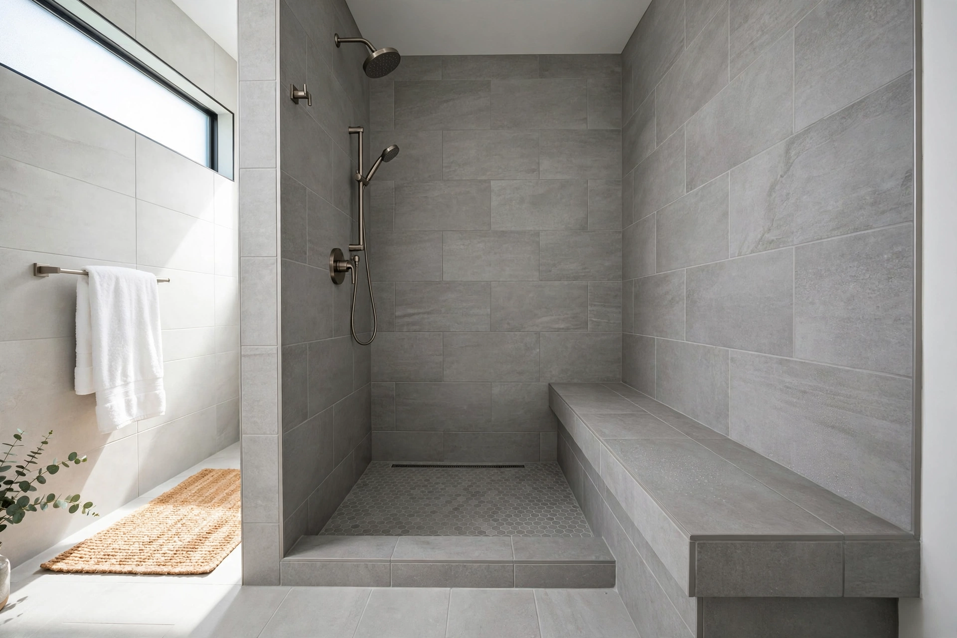 Built-in tiled shower bench matching gray wall tile in a walk-in shower
