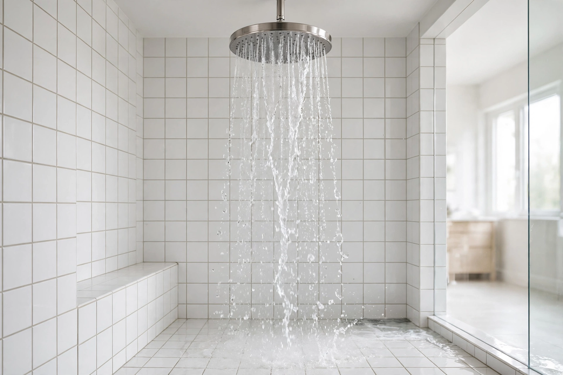 Large round rainfall shower head pouring water in a white tiled walk-in shower