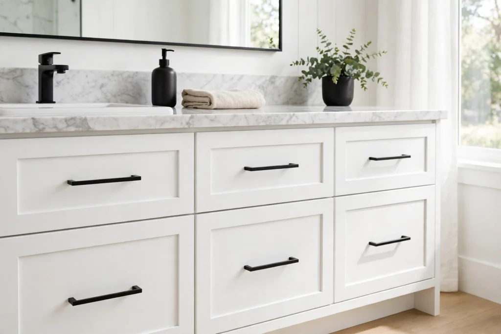 Slim matte black bar pulls on white bathroom vanity drawers with marble countertop