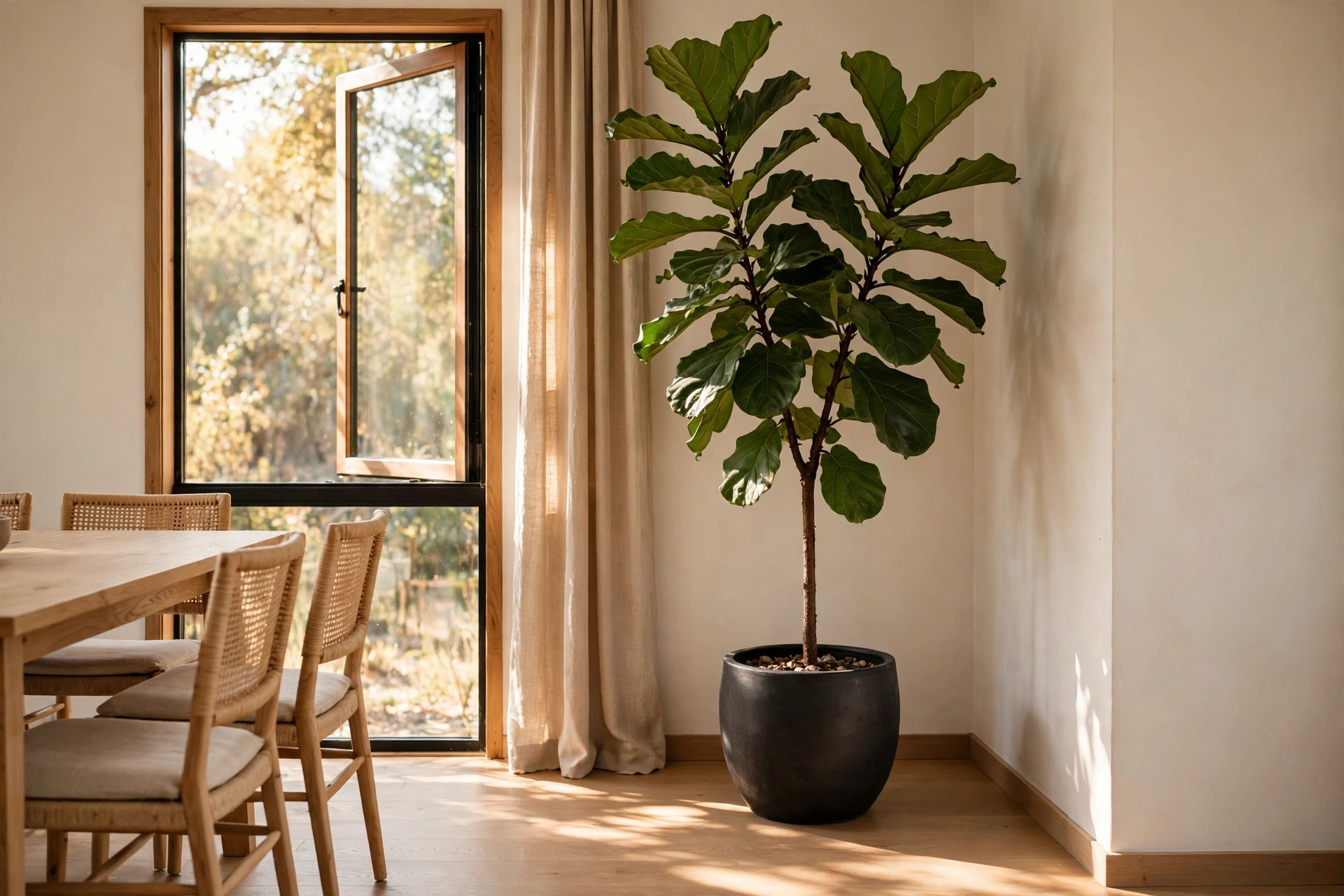 Tall fiddle-leaf fig tree in a matte black pot anchoring an empty dining room corner