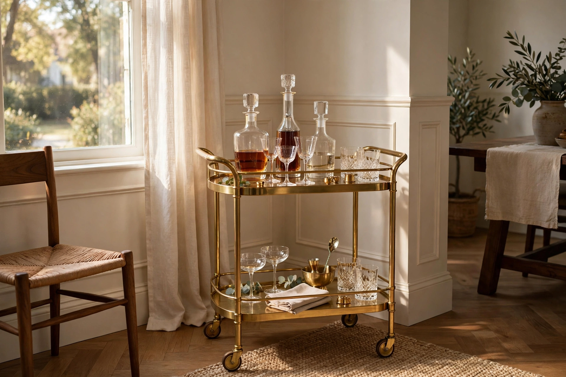 Brass bar cart with decanters and glassware parked in a dining room corner