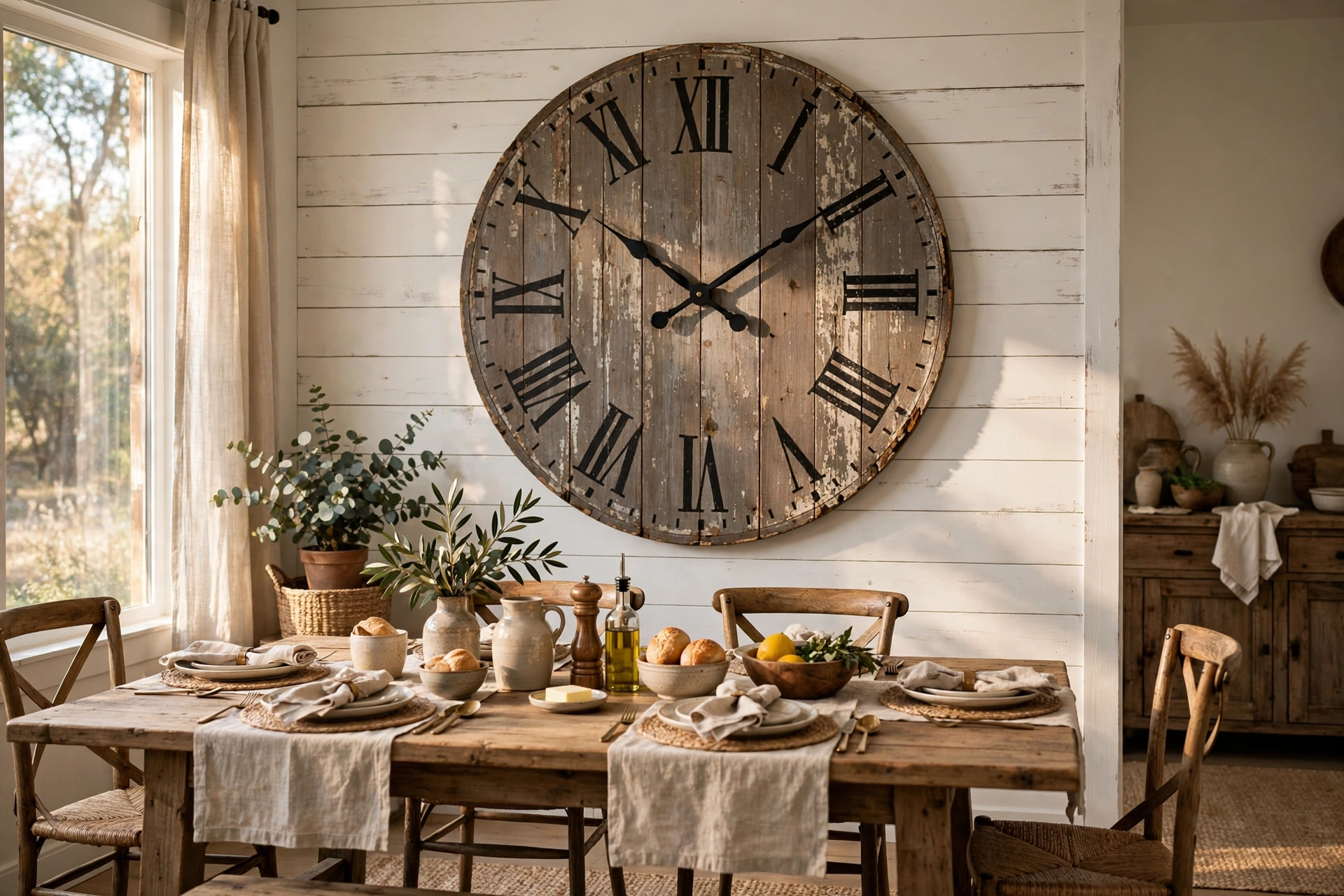 Large distressed wood farmhouse clock with Roman numerals on a dining room wall