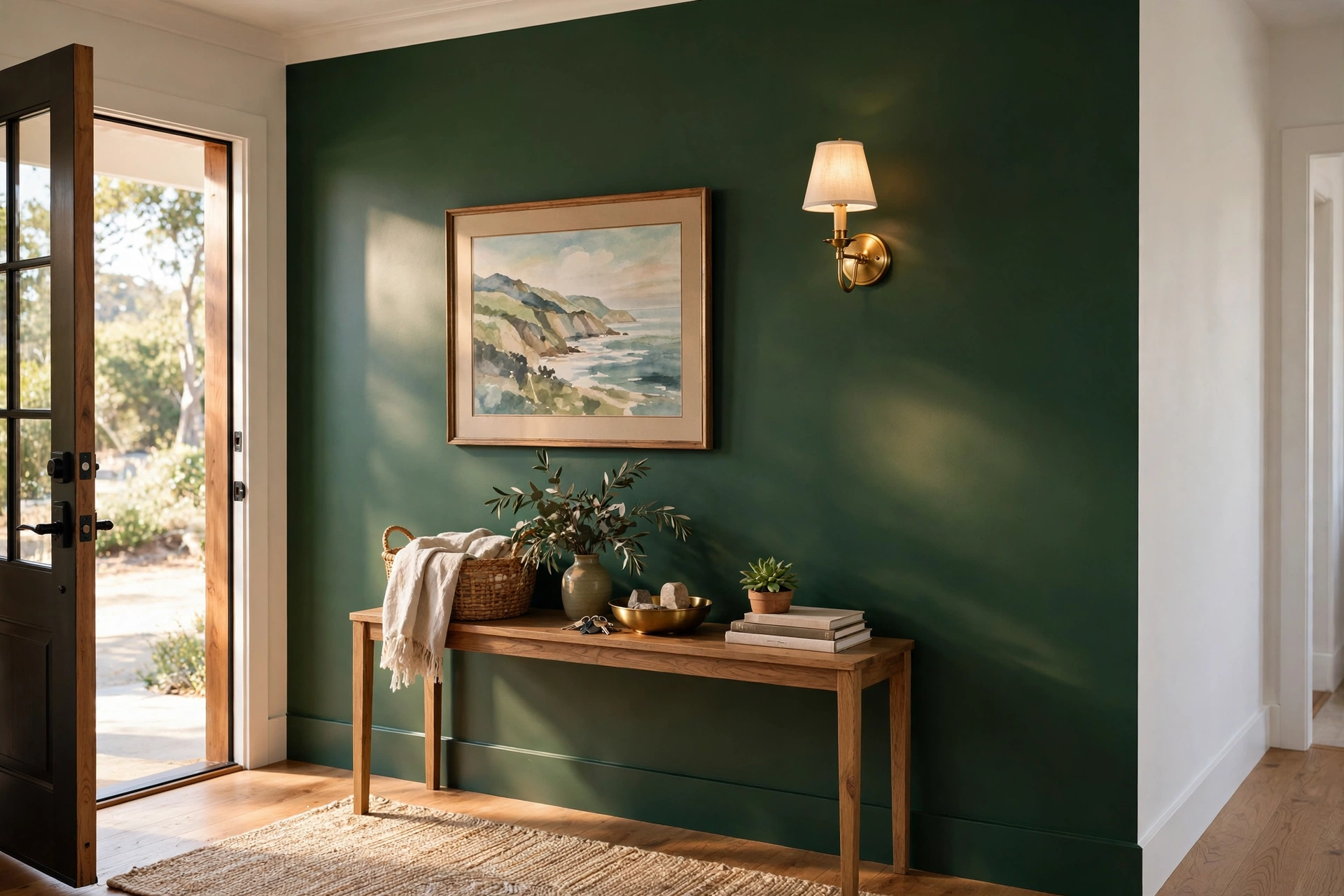Entryway accent wall painted deep forest green with brass sconce and art
