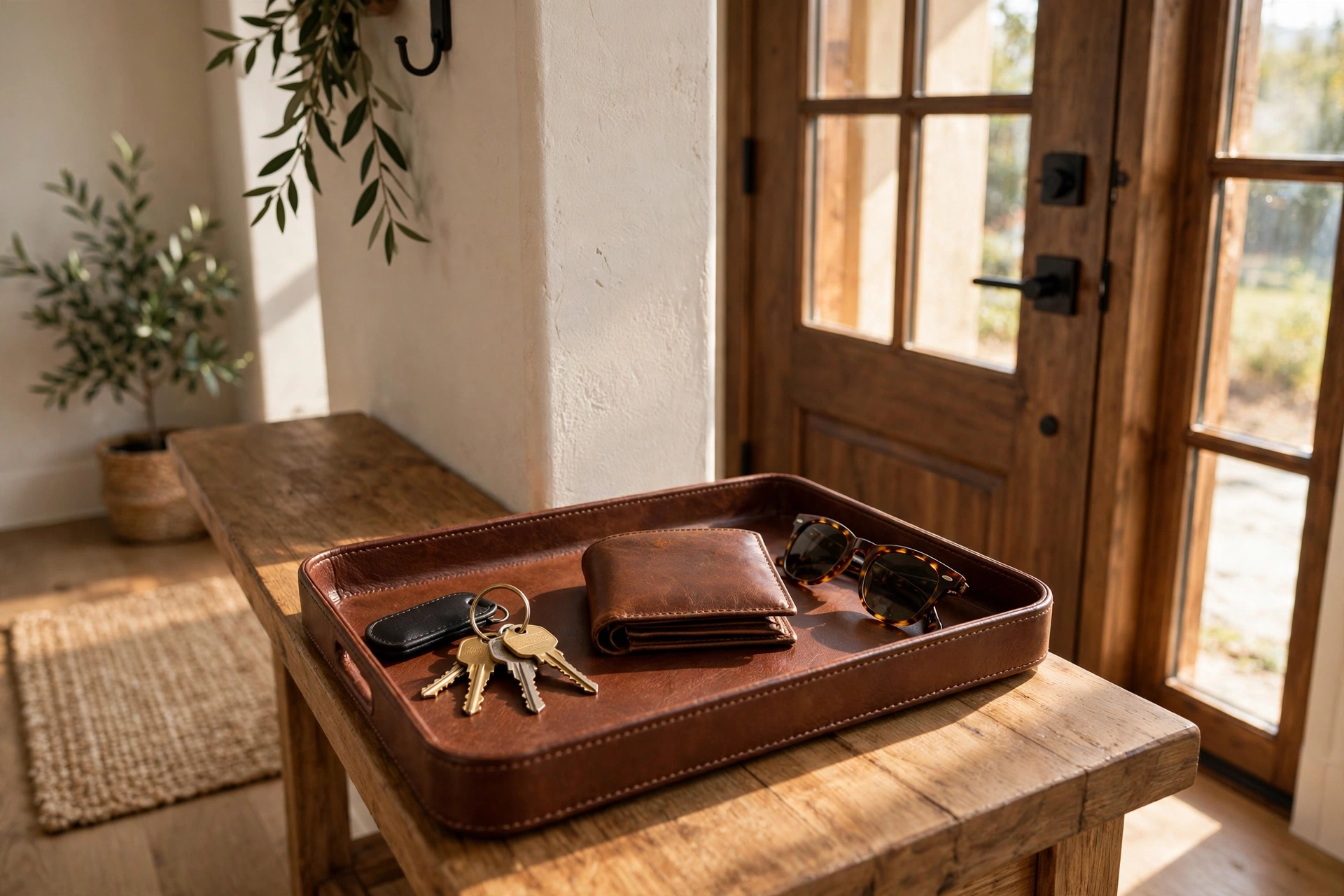 Leather catch-all tray holding keys, wallet, and sunglasses by an entryway door