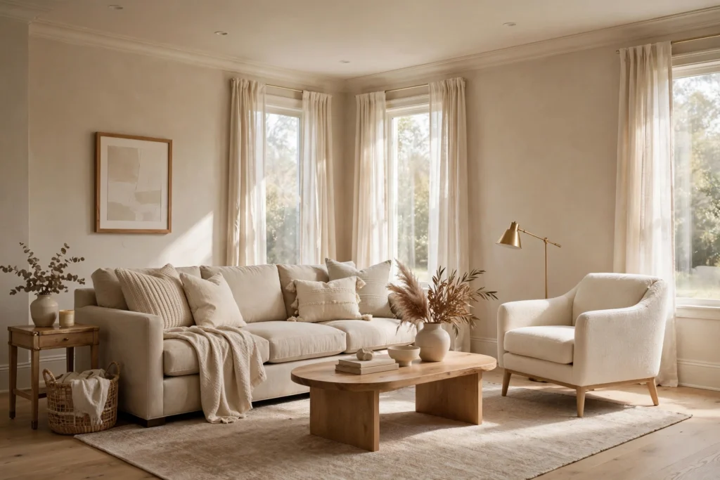 Transitional living room in warm greige, beige and cream with layered neutral textiles