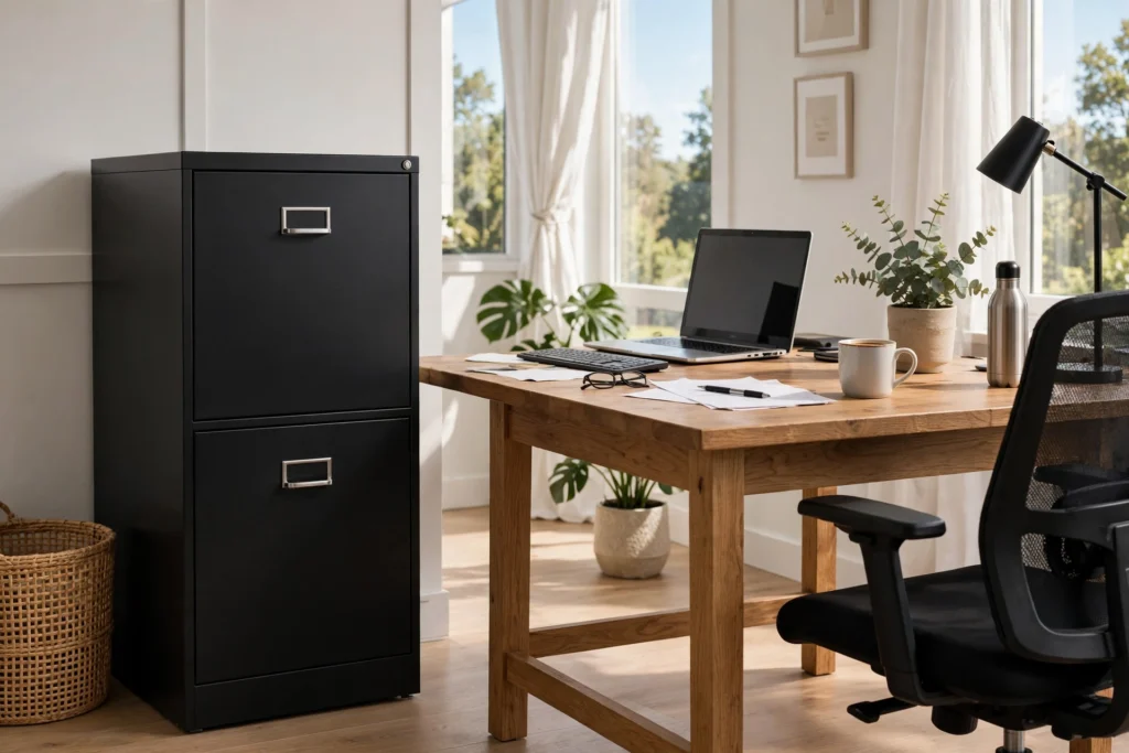 Black two-drawer vertical filing cabinet tucked beside a home office desk