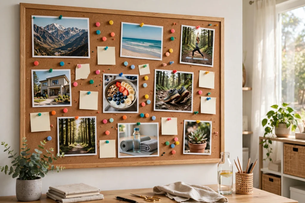 Classic cork board vision wall with pinned goal photos, quotes, and colorful pushpins in a home office