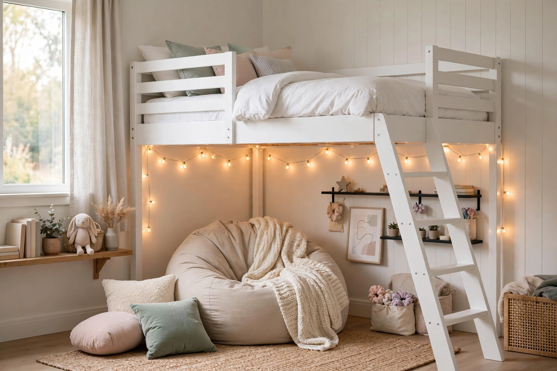 White loft bed with cozy bean bag lounge and string lights in the space underneath