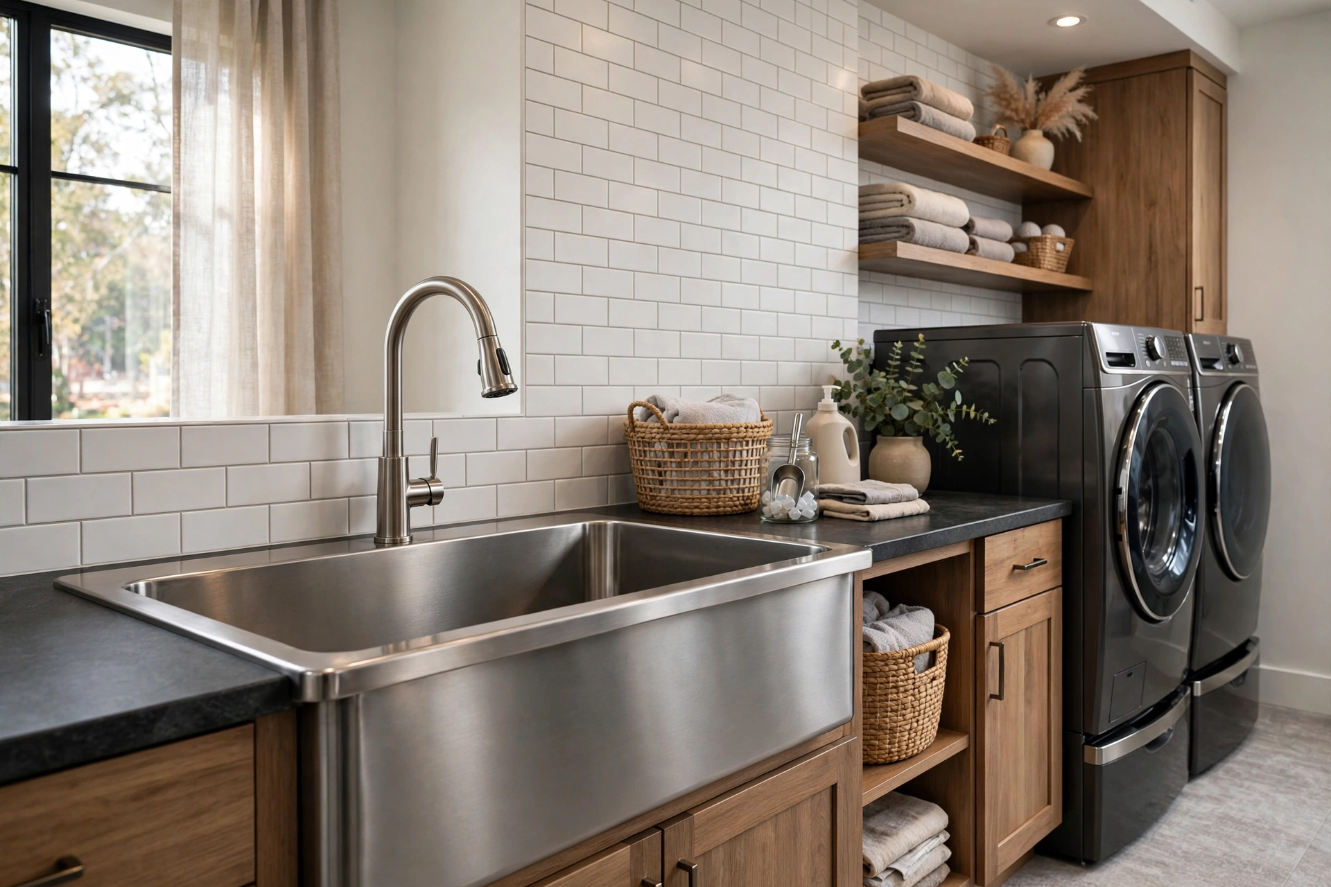 Deep stainless steel utility sink with gooseneck faucet in a modern laundry room