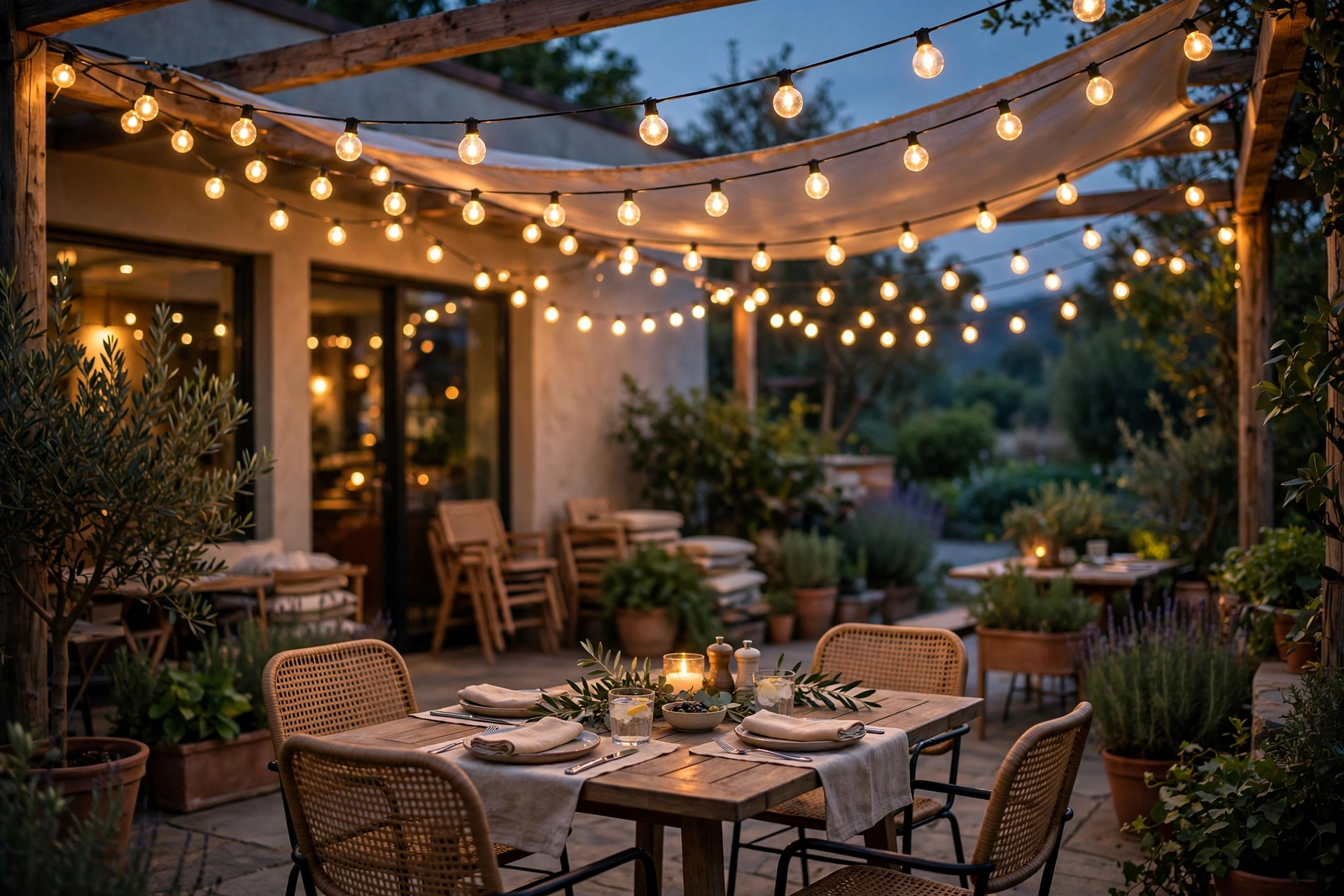 Cafe globe string lights draped in a canopy over a patio dining set