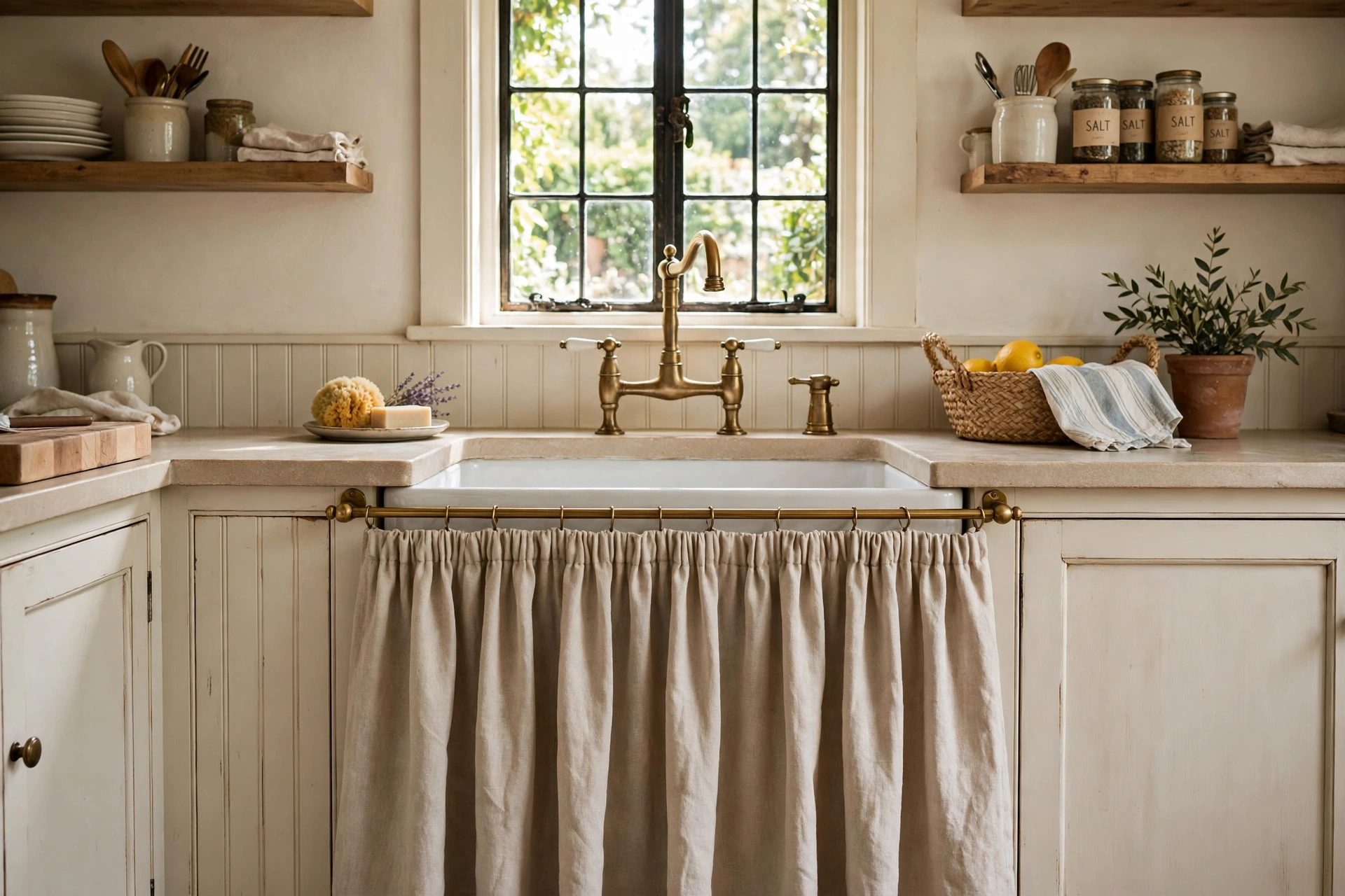 Classic gathered linen sink skirt hanging on a brass tension rod in a cottage kitchen