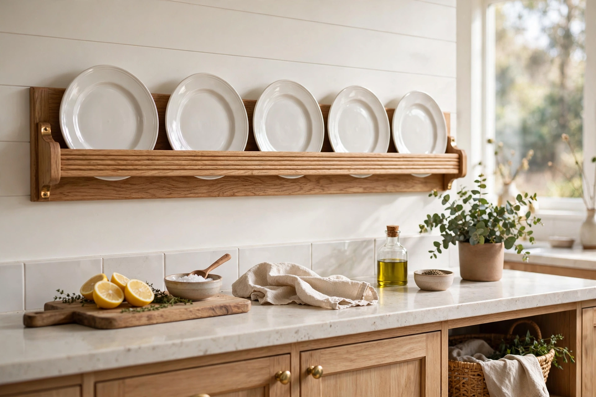 Wall-mounted wooden plate rail with grooves holding white dinner plates above a kitchen counter