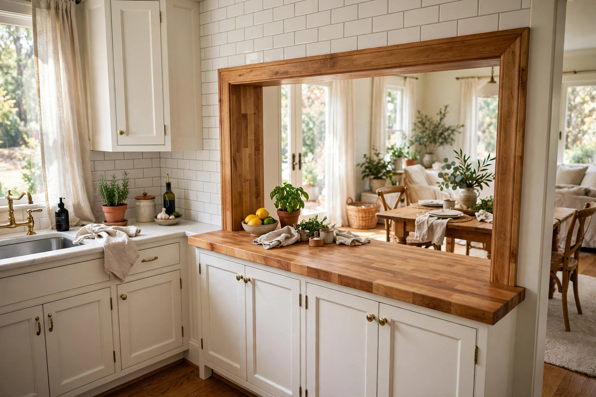 Classic kitchen pass-through with a butcher block counter ledge and matching trim