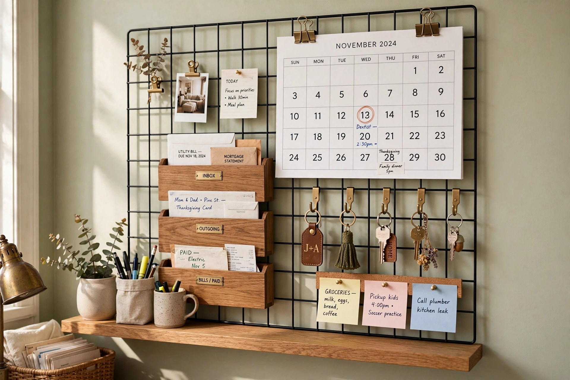 Classic command center wall grid with monthly calendar, mail slots and key hooks