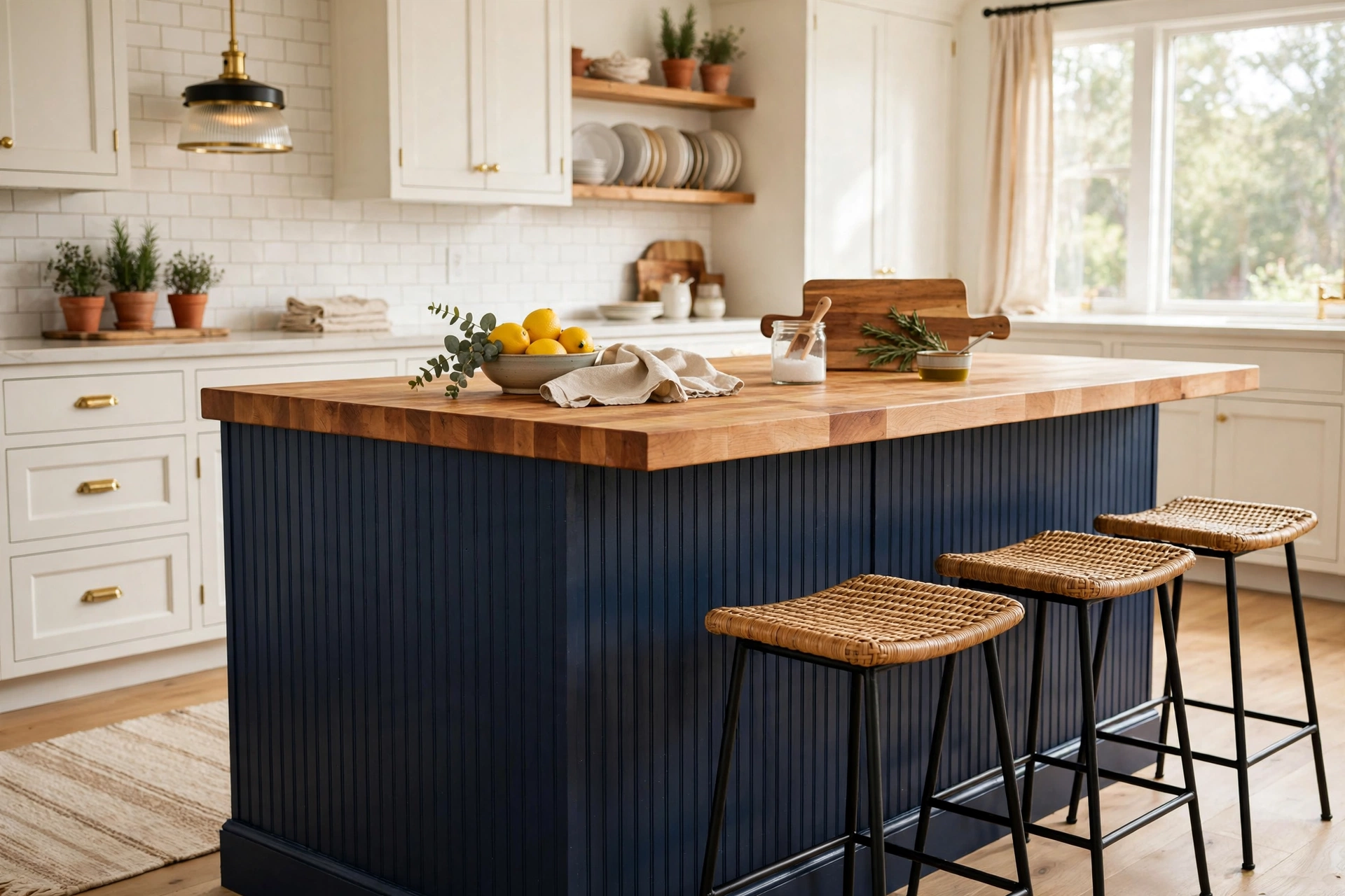 Kitchen island wrapped in painted navy beadboard with butcher block countertop