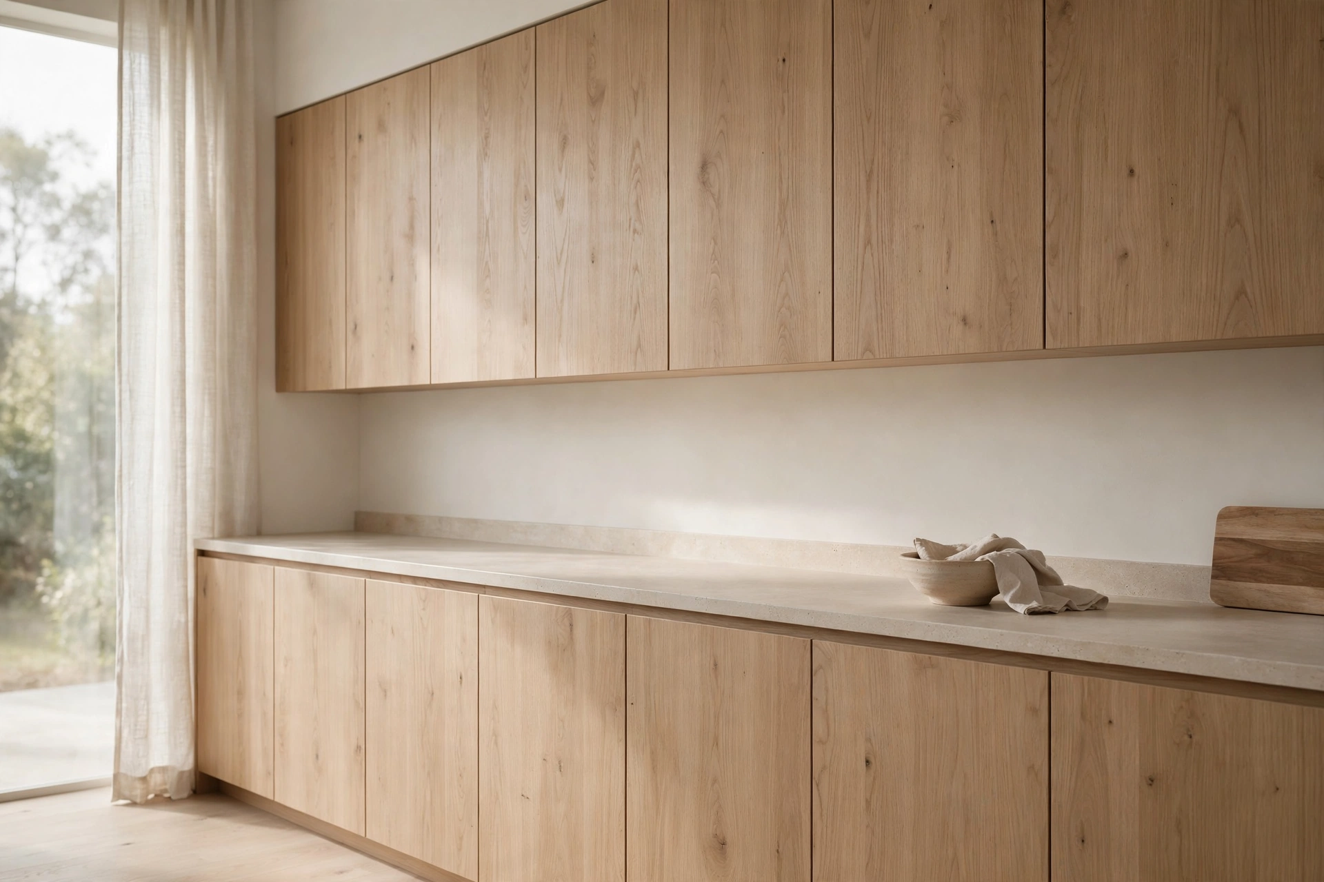 Flat-panel light oak kitchen cabinets with visible wood grain and matte finish