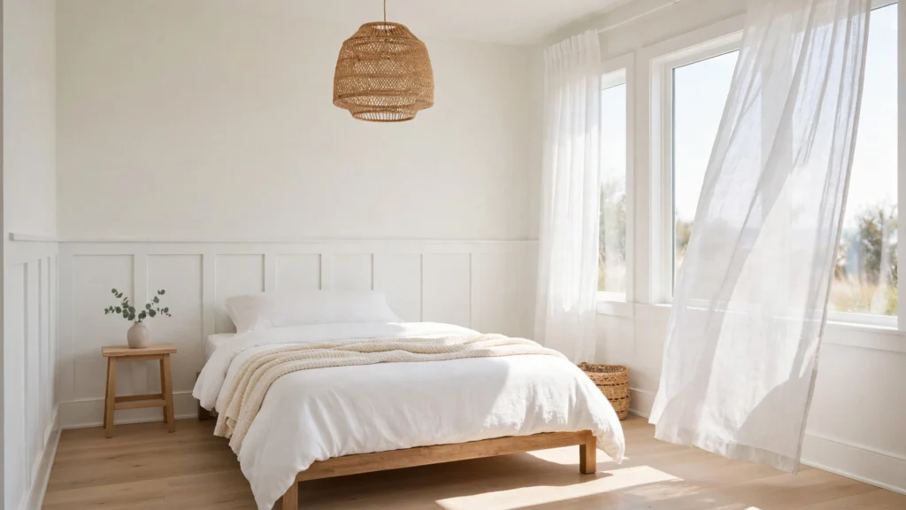 Coastal bedroom with crisp white walls, board-and-batten detail, and minimal decor
