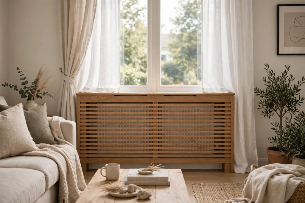 Wooden slatted radiator cover with even gaps in a neutral living room