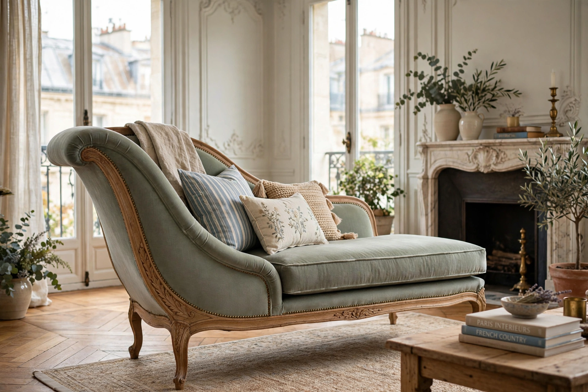 French méridienne chaise with sloped silhouette in an elegant living room
