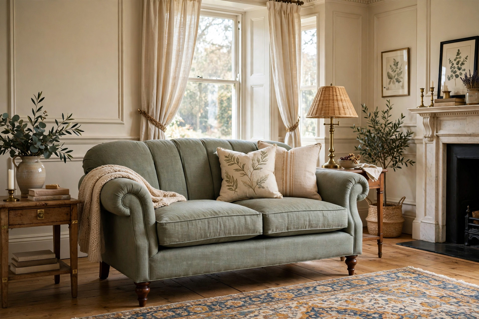 Traditional rolled-arm loveseat with scrolled arms in a classic living room