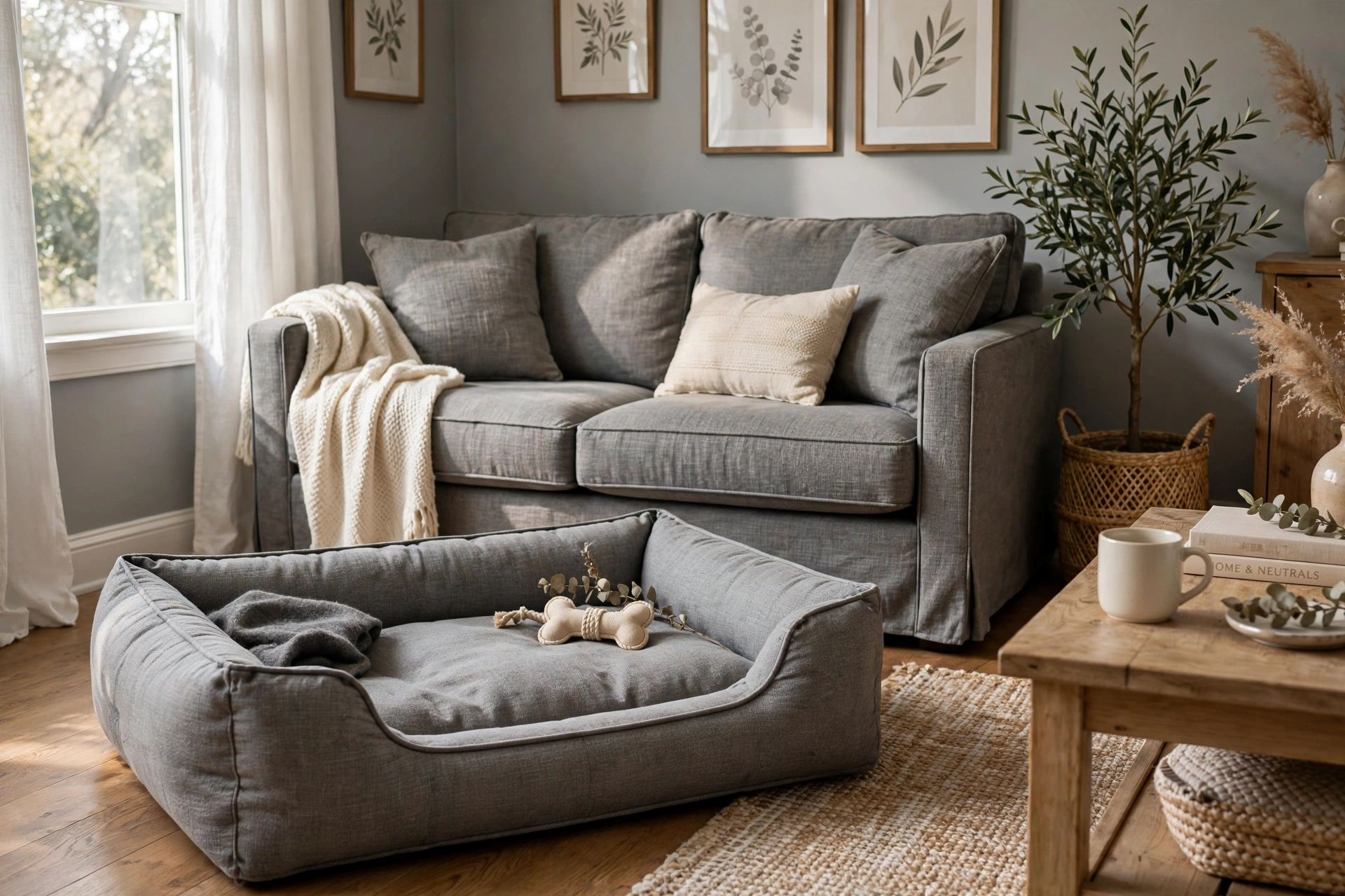 Dog bed upholstered in fabric matching the gray living room sofa