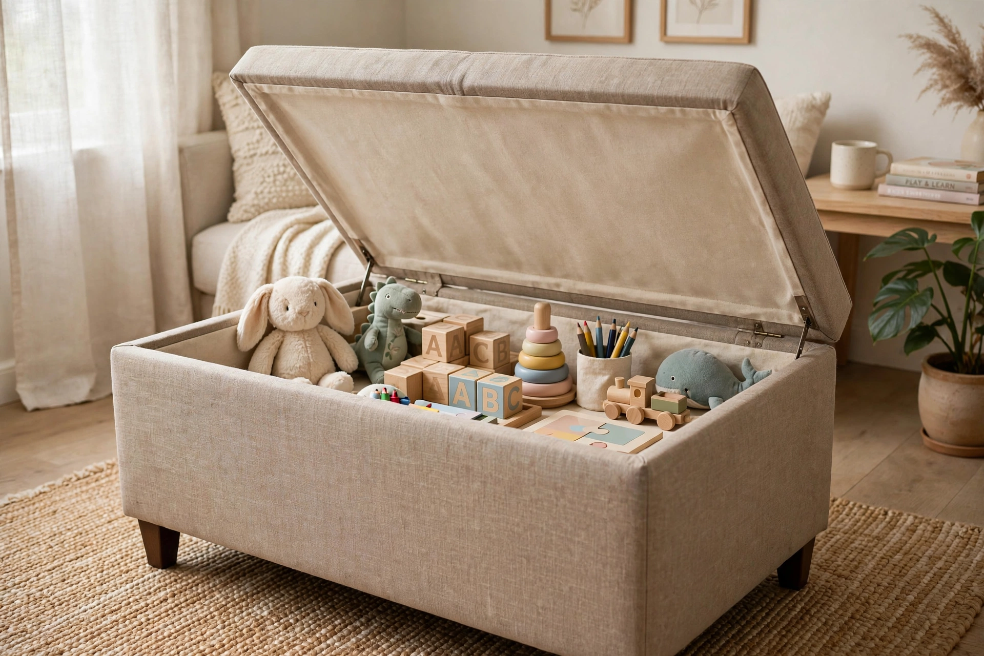 Storage ottoman with lid open revealing neatly stored children's toys