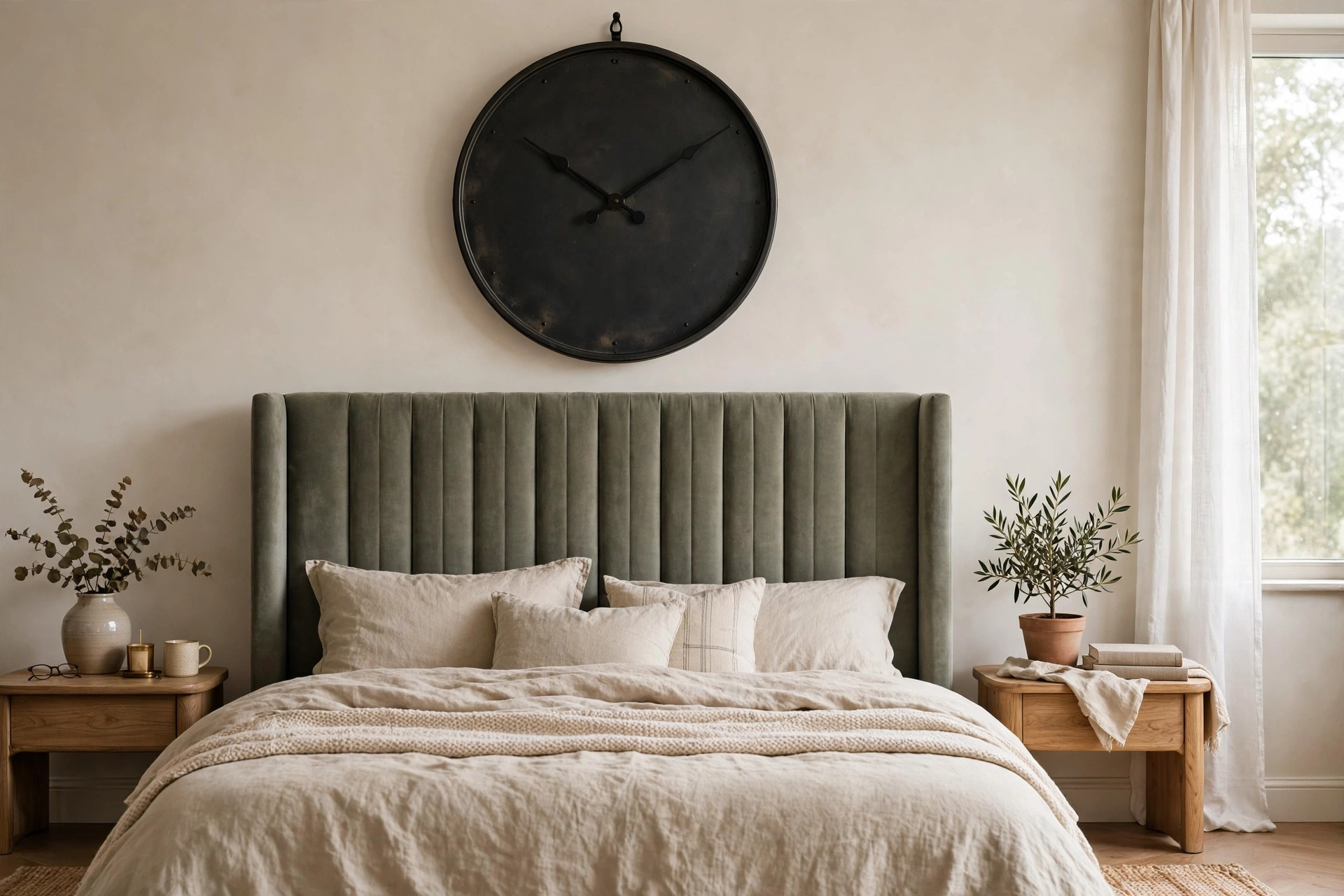 Oversized round clock with dark hands hanging above a tall upholstered headboard