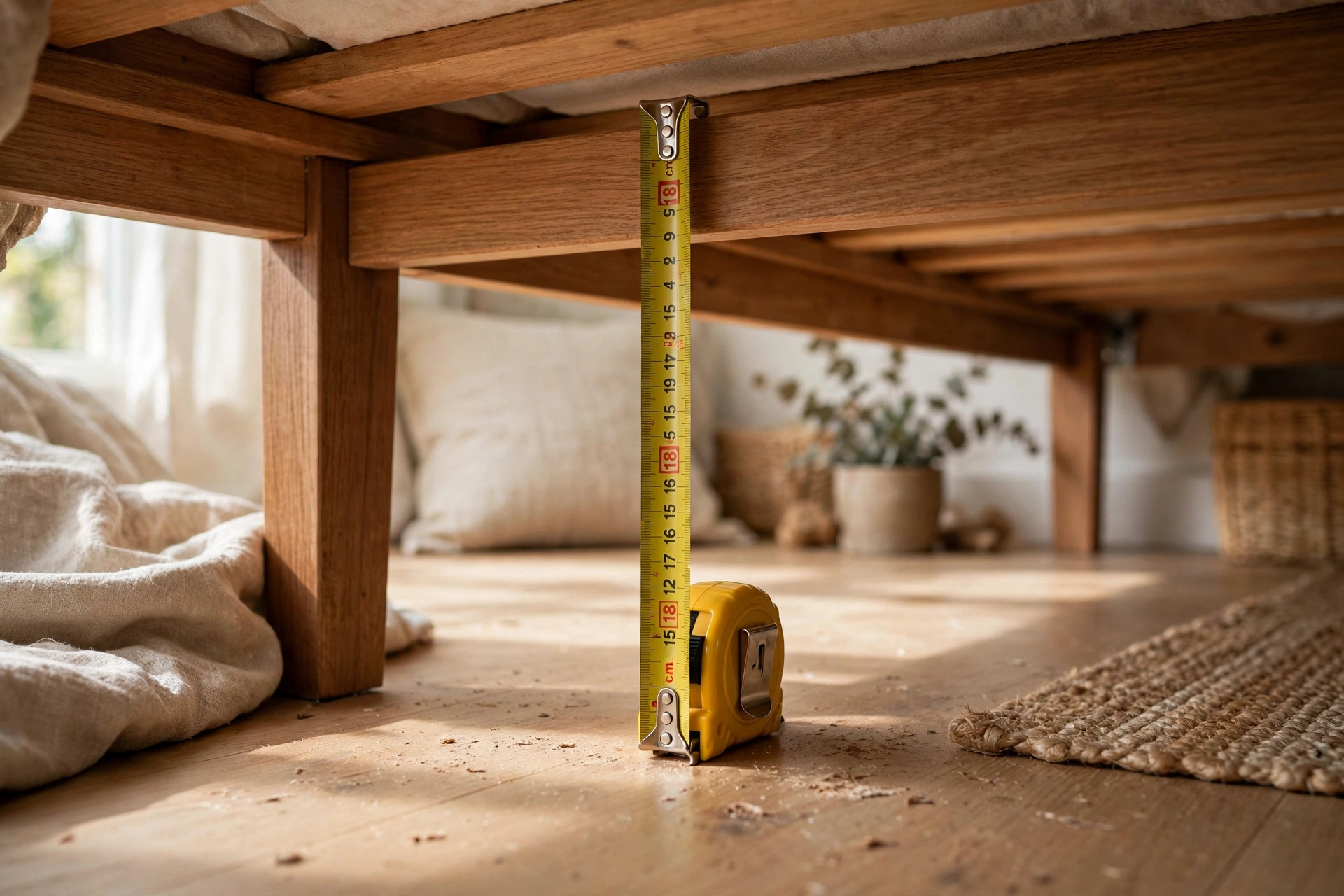 Tape measure checking the clearance height under a wooden bed frame
