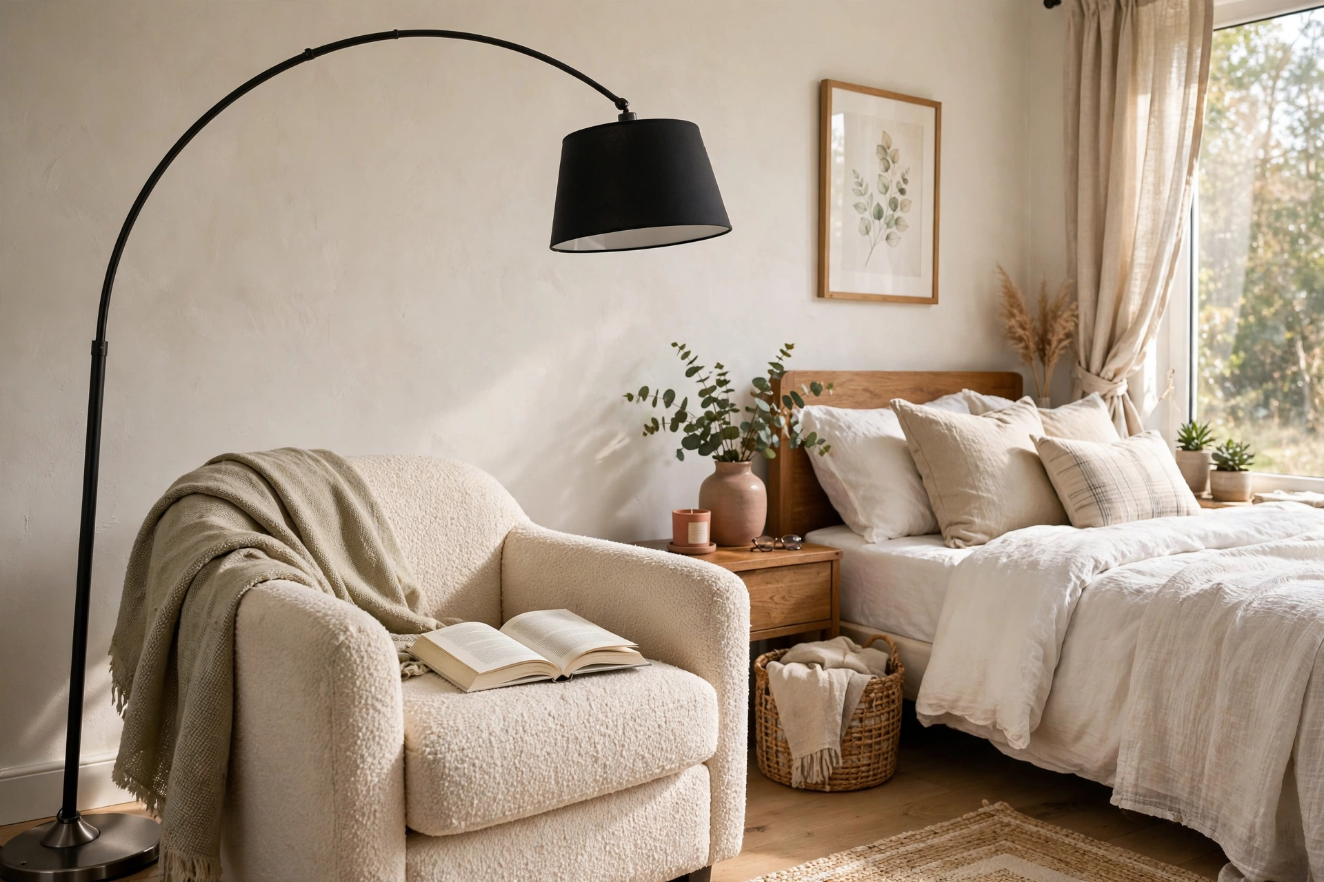 Arc floor lamp curving over an armchair with an open book in a bedroom