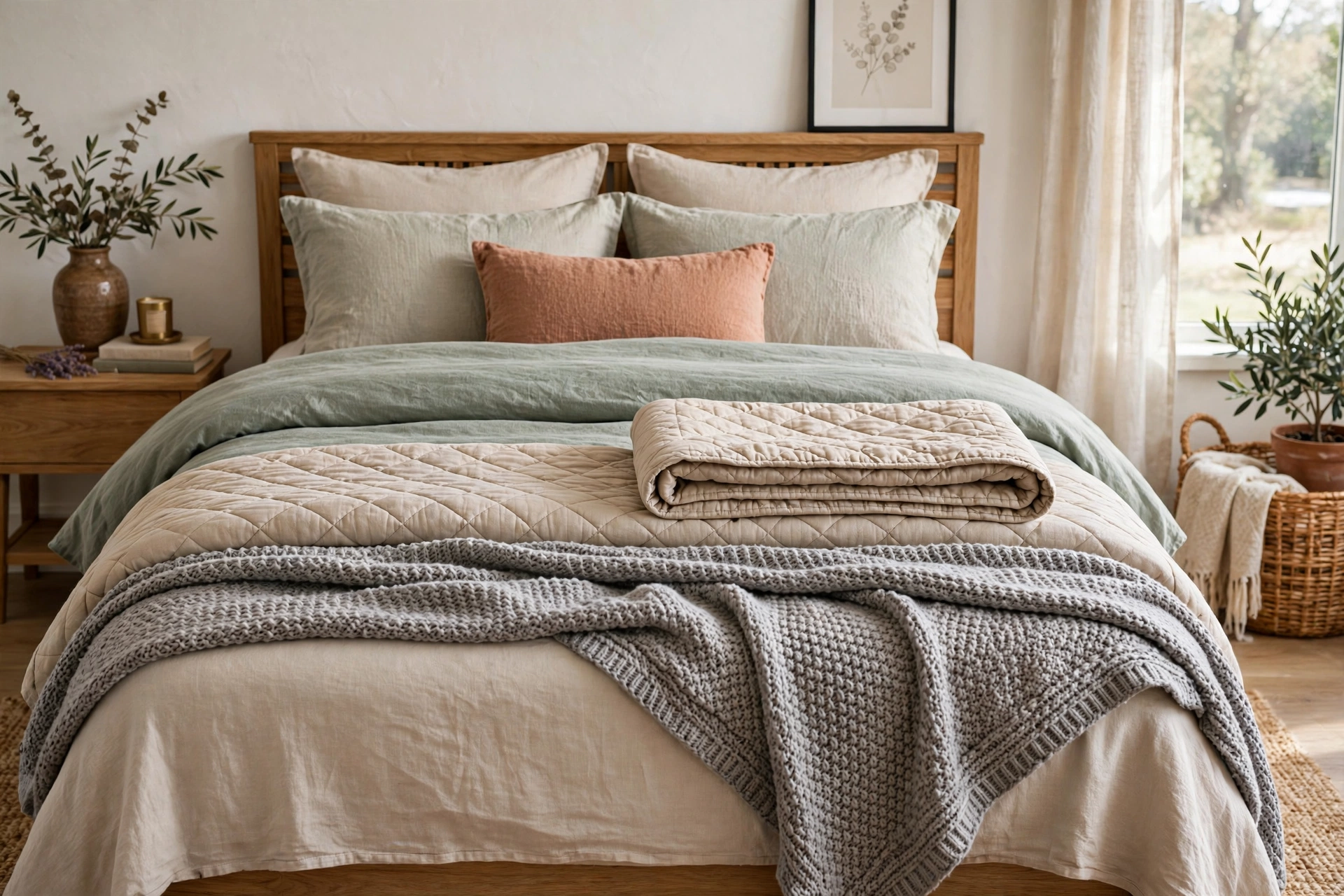 Bed styled in four layers with folded quilt and throw across the foot