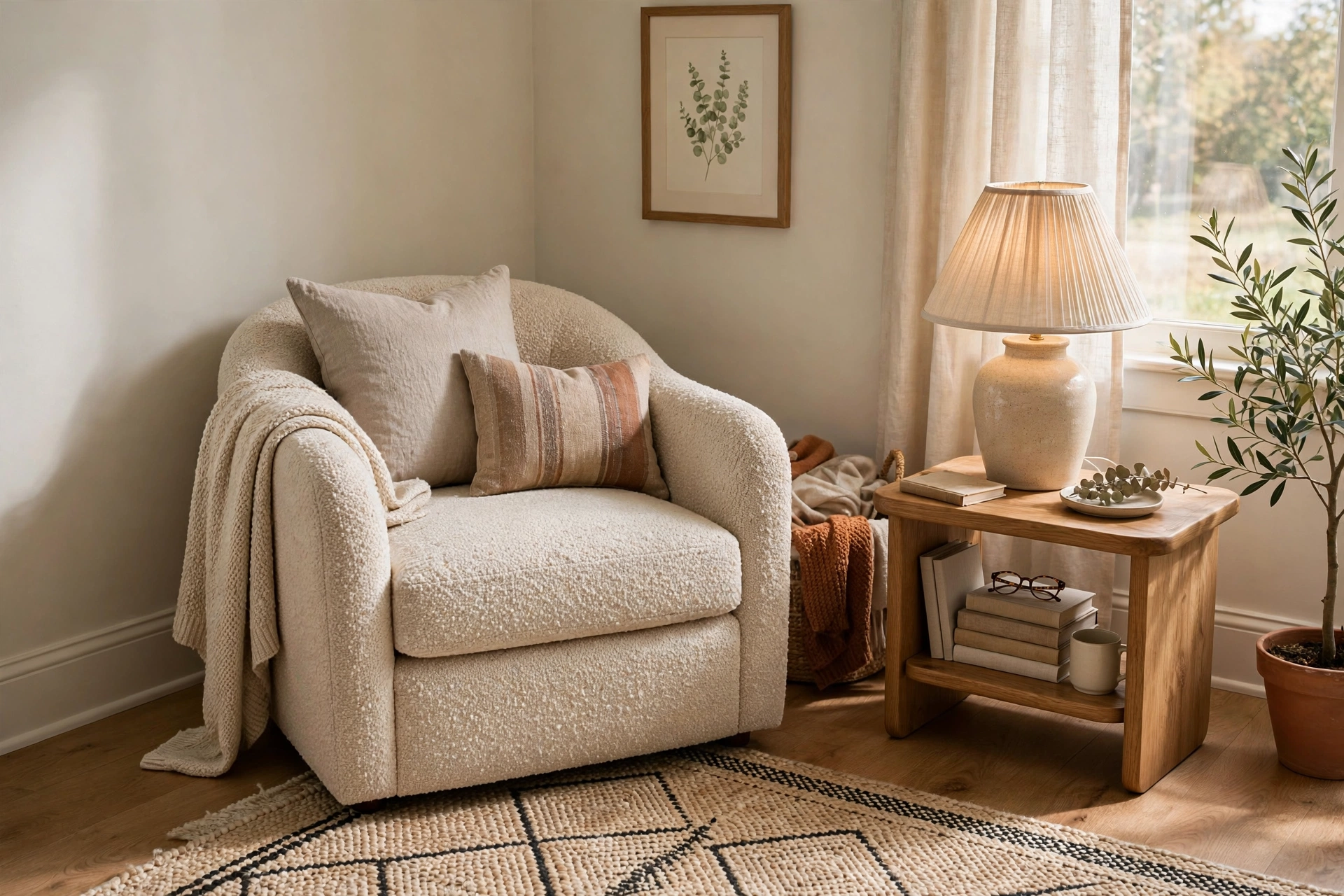 Armchair angled in a bedroom corner with a side table, lamp and rug