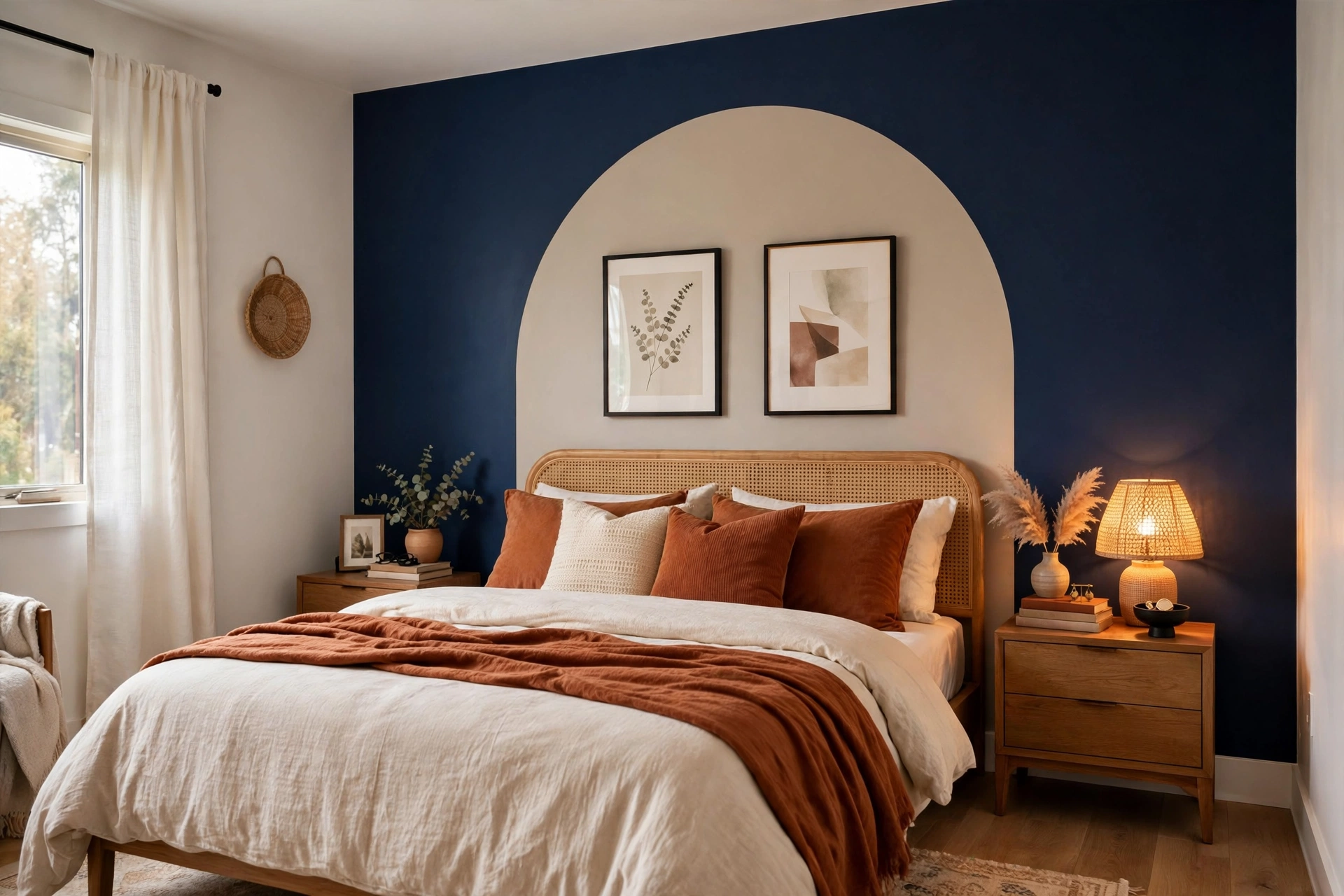 Teen bedroom with a bold navy accent wall, painted arch above the headboard and rust bedding