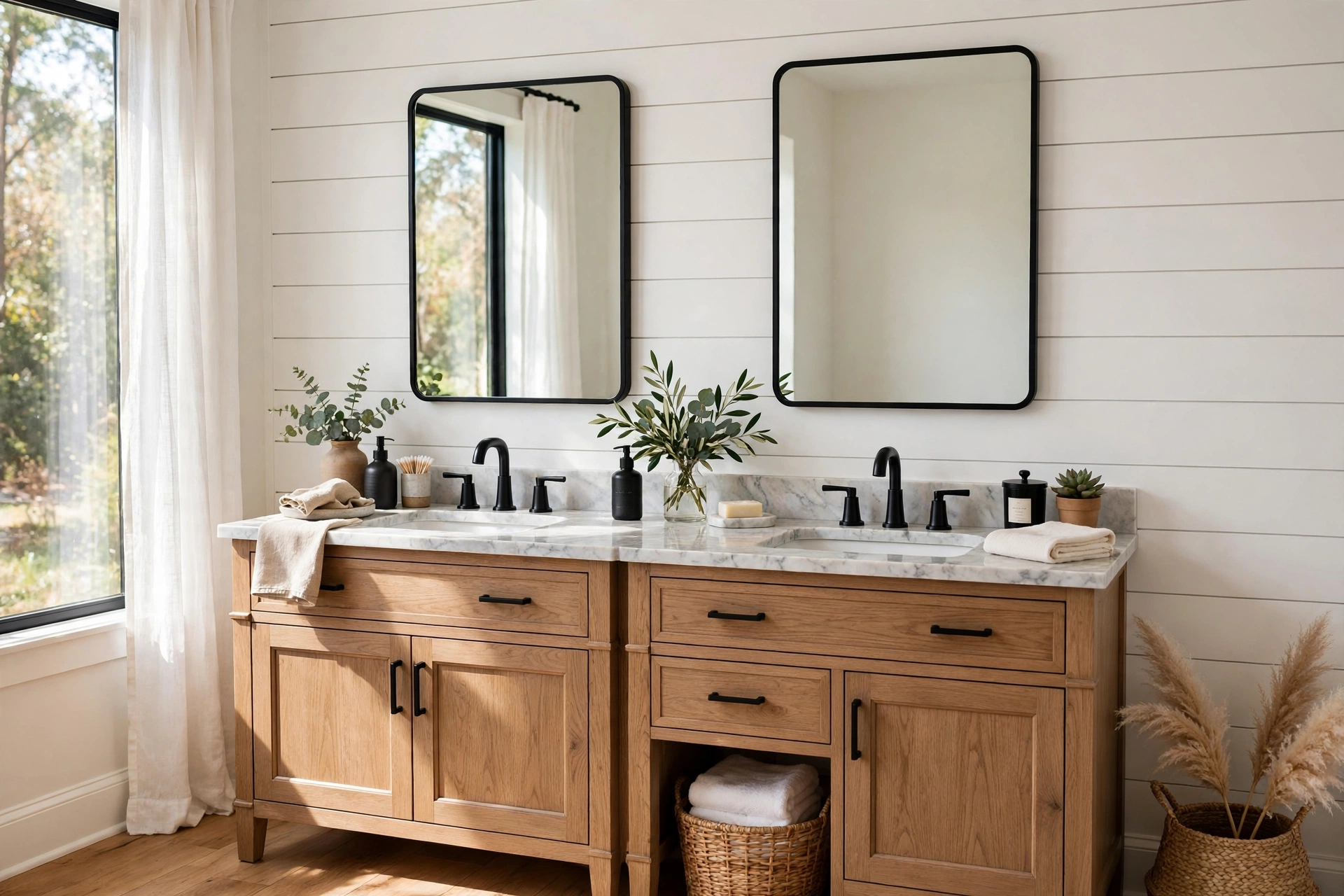 White shiplap accent wall behind a double vanity with black matte faucets
